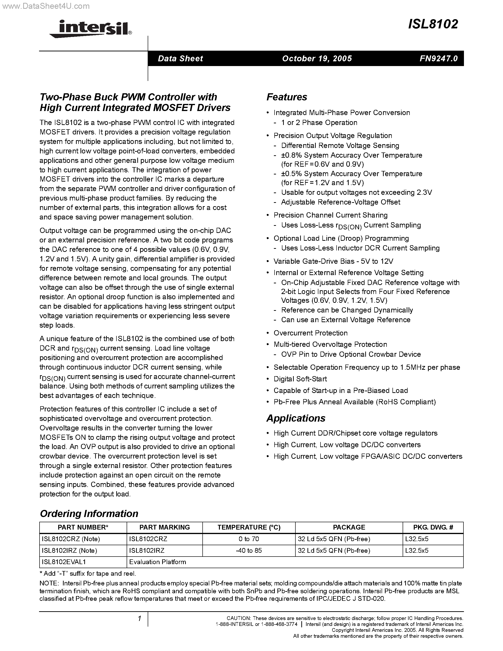 Datasheet ISL8102 - Two-Phase Buck PWM Controller page 1