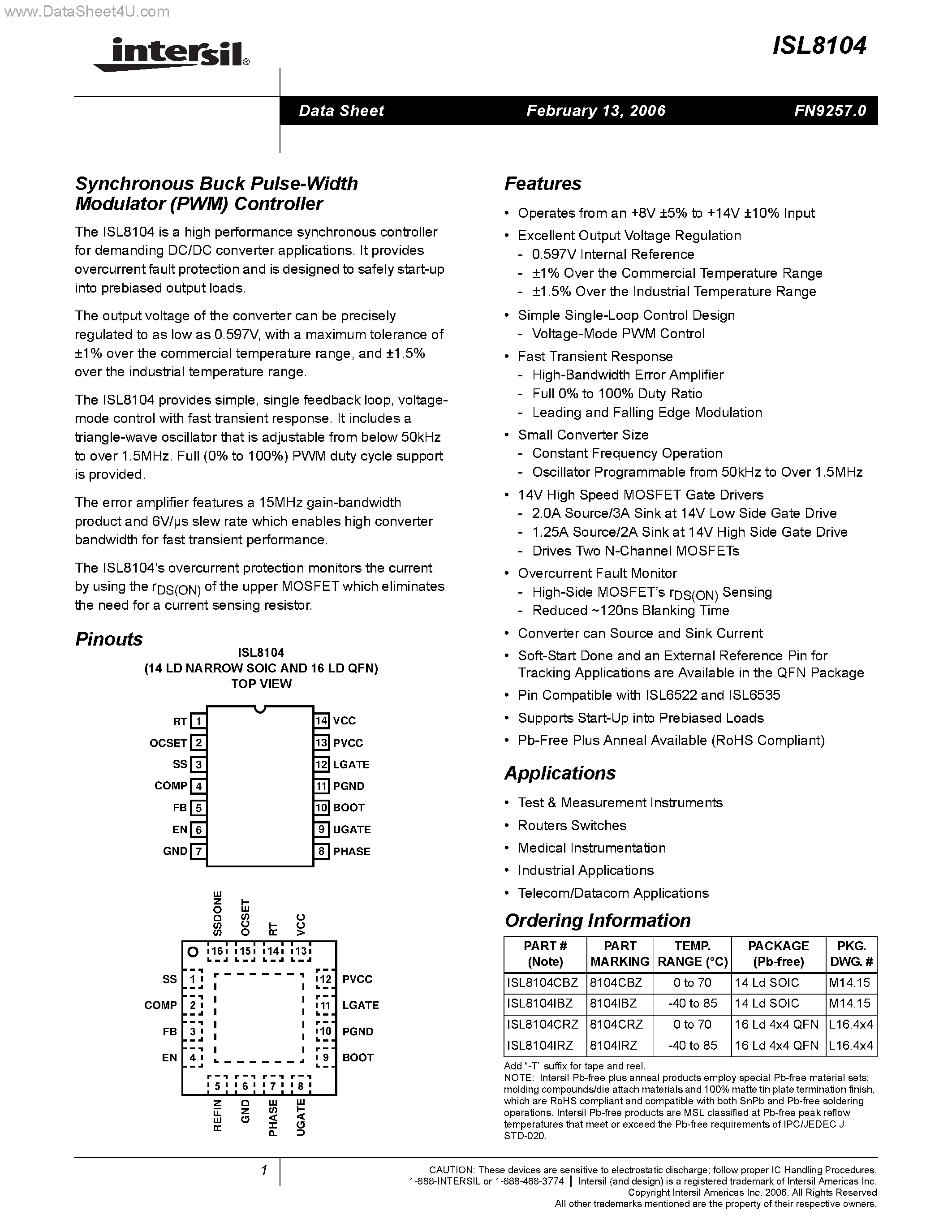 Datasheet ISL8104 - Synchronous Buck Pulse-Width Modulator (PWM) Controller page 1