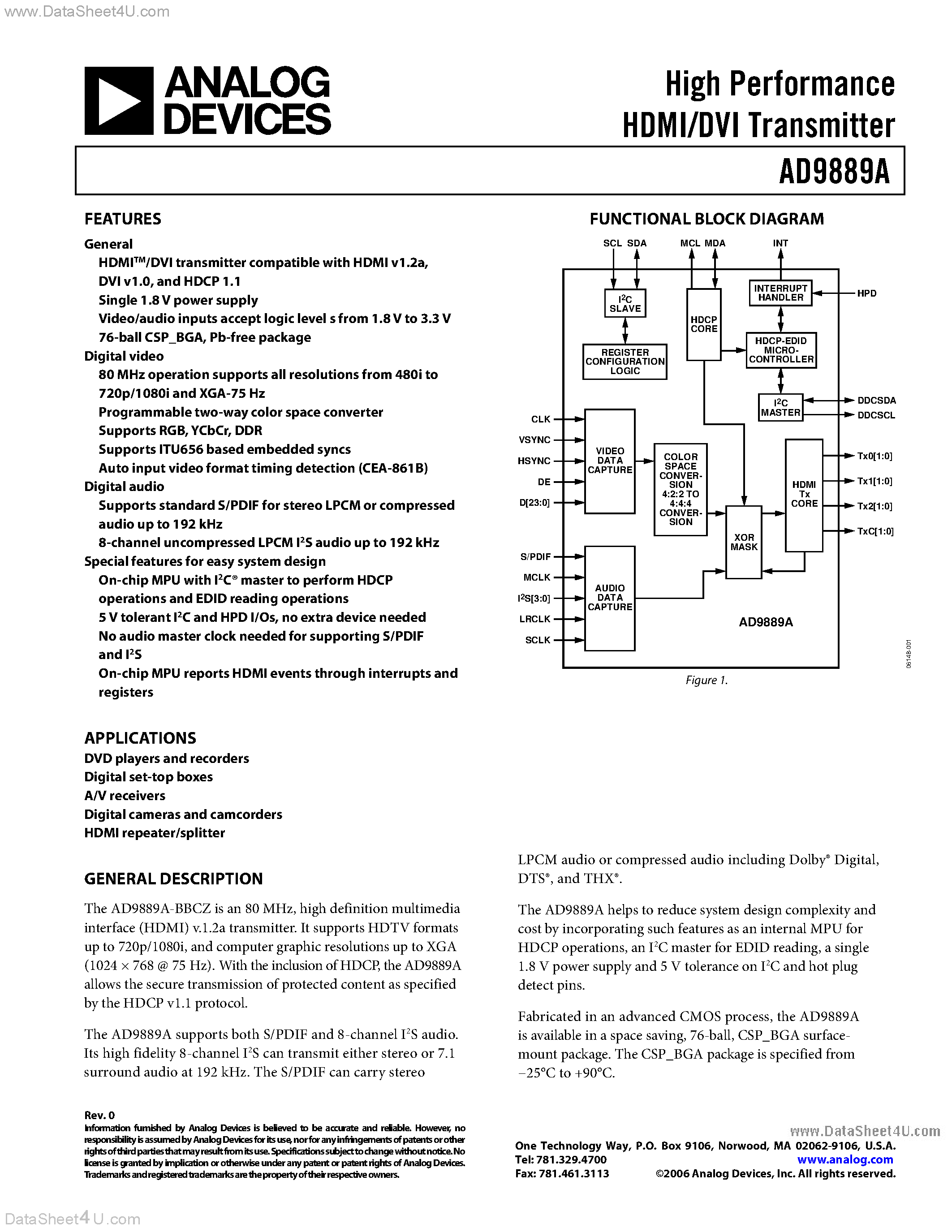 Datasheet AD9889A - High Performance HDMI/DVI Transmitter page 1