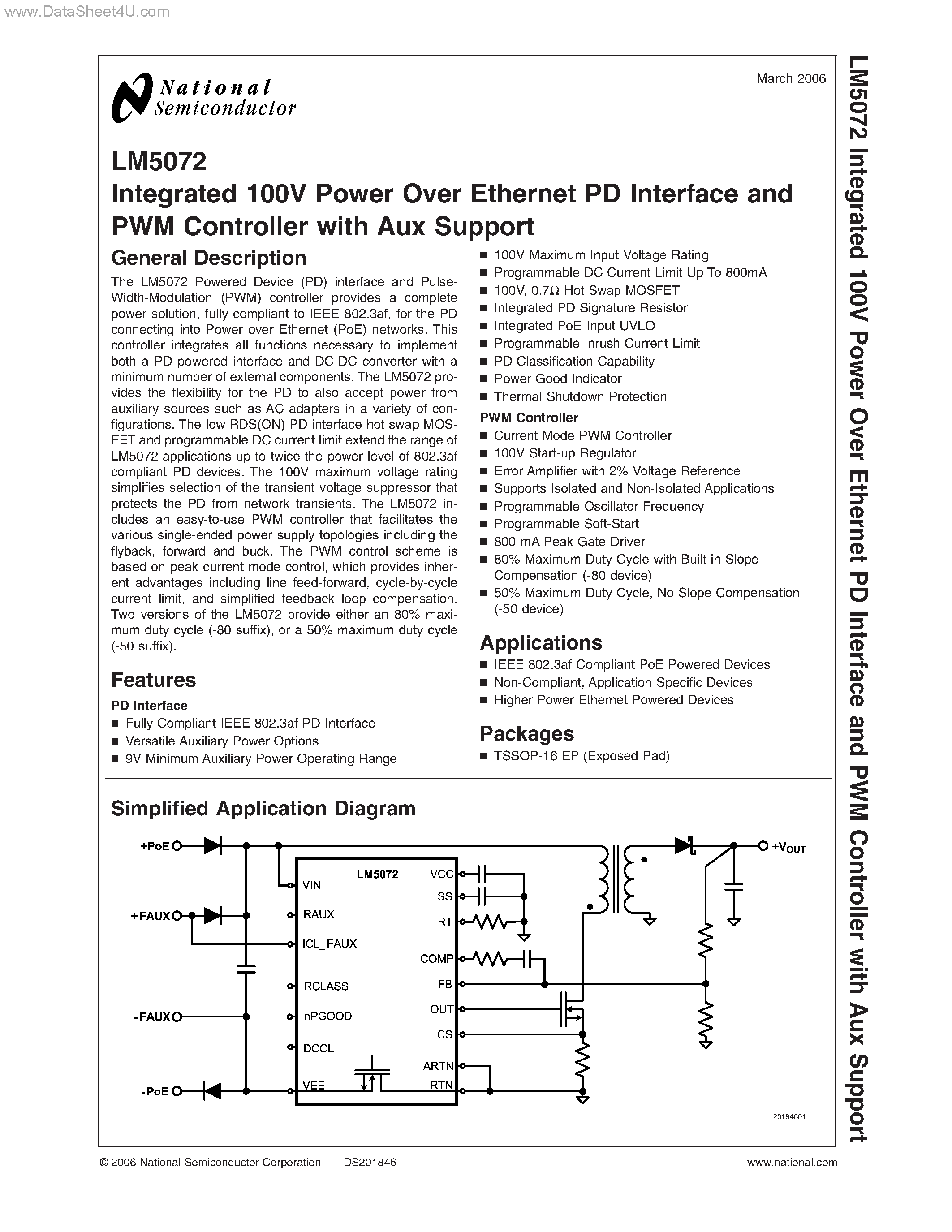 Даташит LM5072 - Integrated 100V Power Over Ethernet PD Interface and PWM Controller страница 1