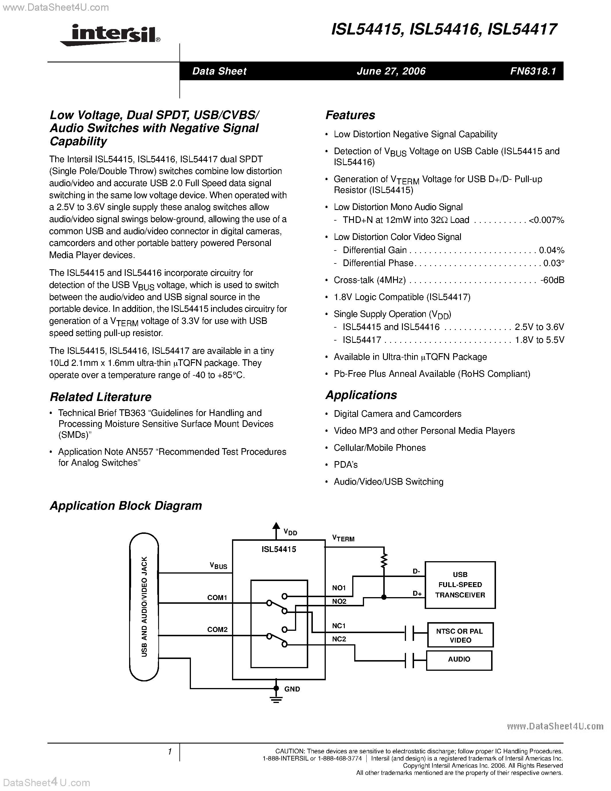 Даташит ISL54415 - (ISL54415 - ISL54417) Audio Switches страница 1