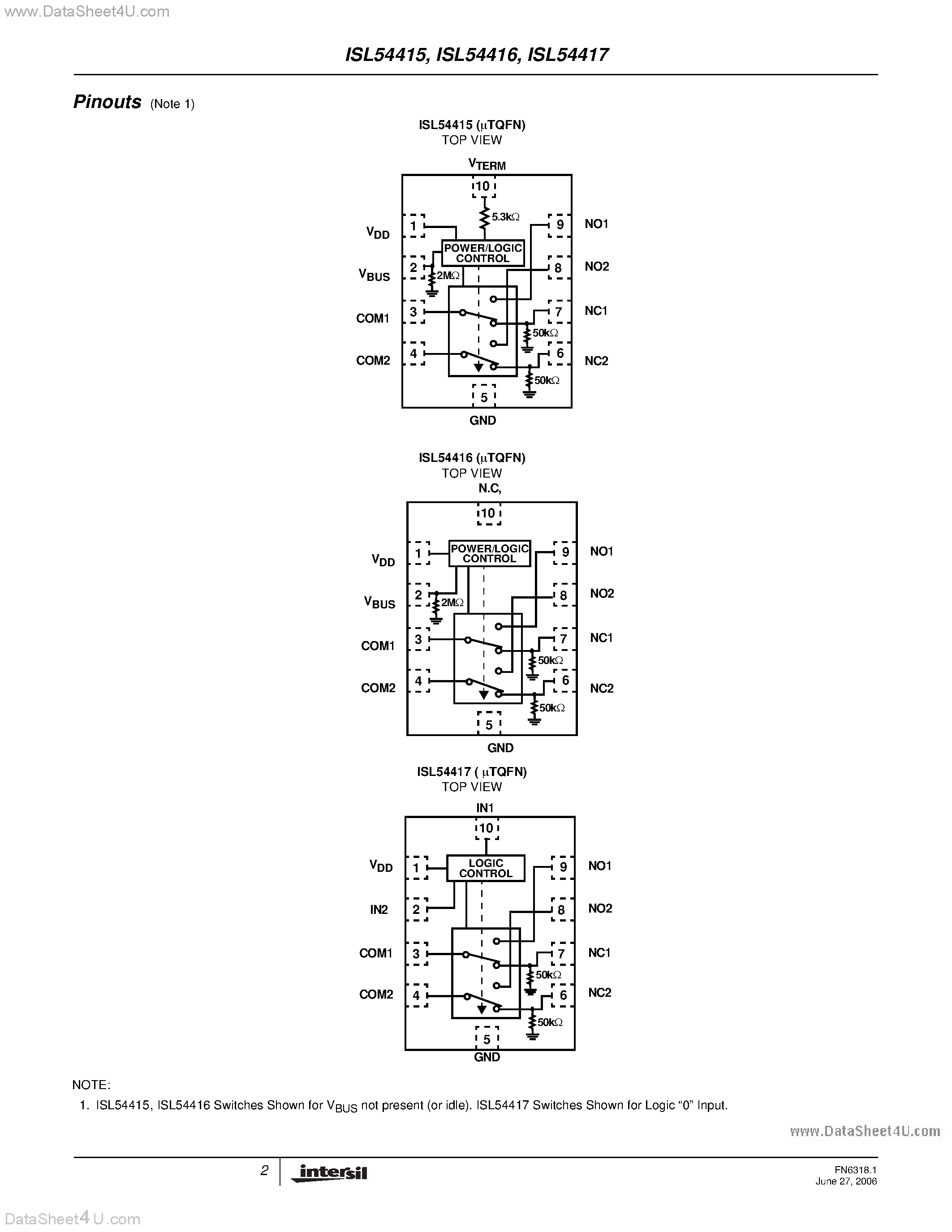 Даташит ISL54415 - (ISL54415 - ISL54417) Audio Switches страница 2