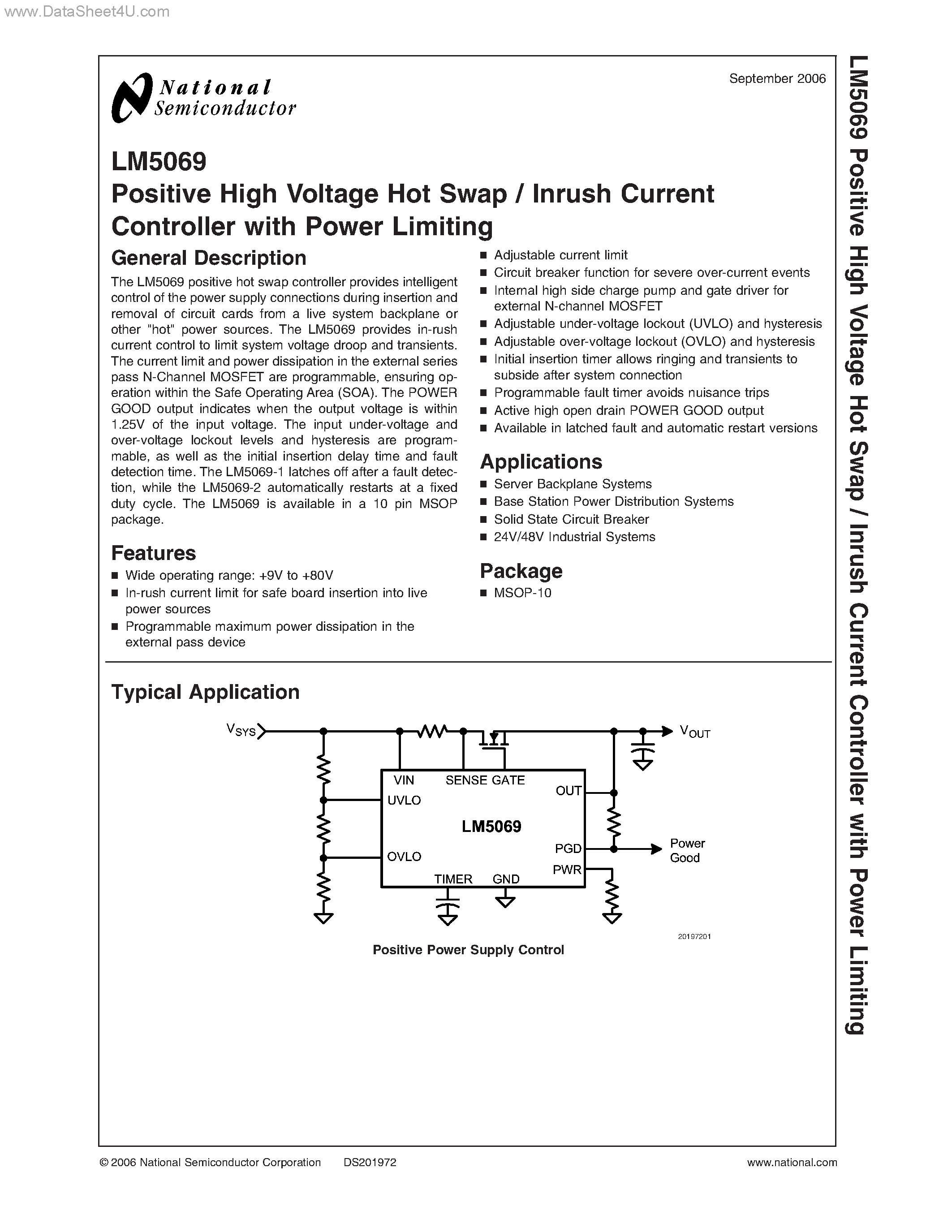 Datasheet LM5069 - Positive High Voltage Hot Swap / Inrush Current Controller page 1