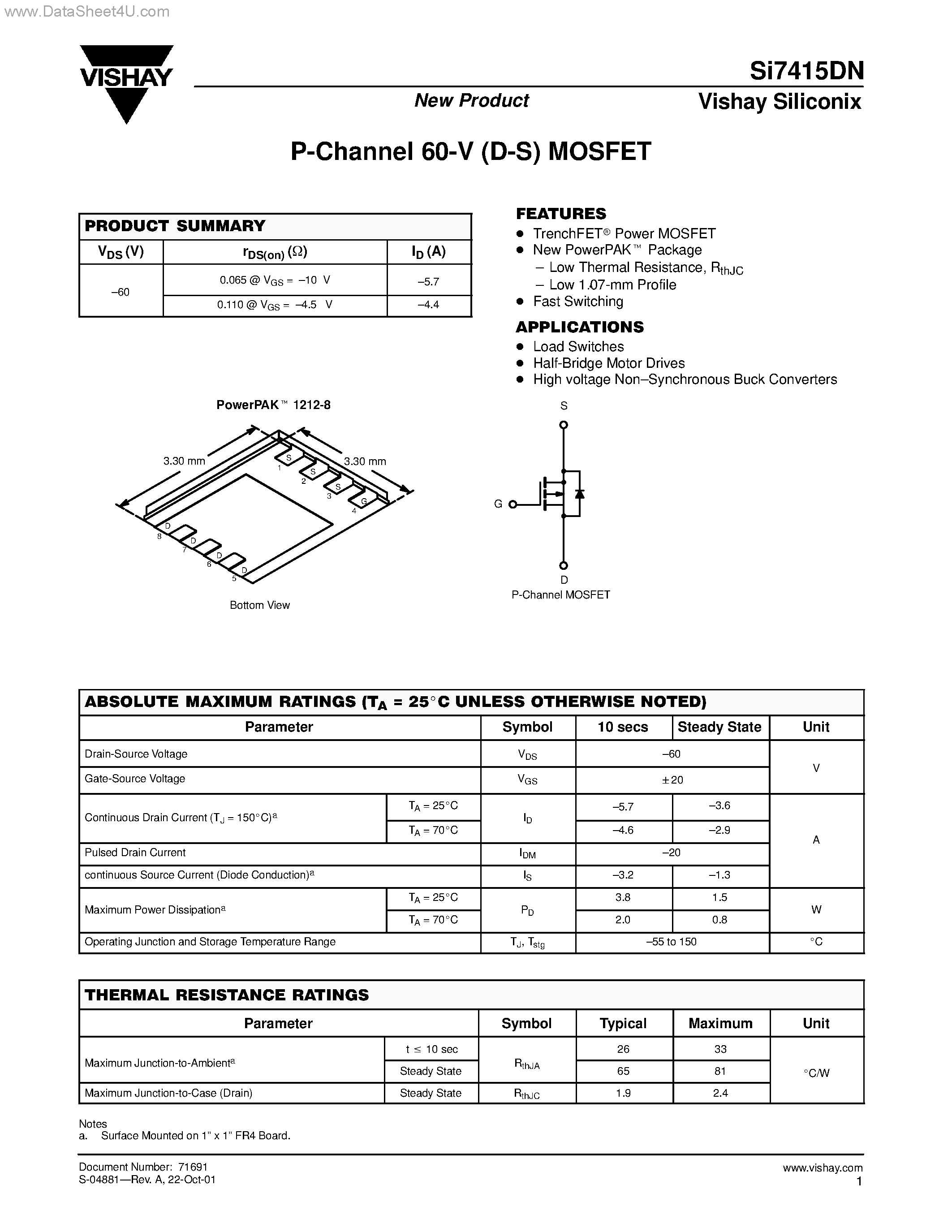 Даташит SI7415DN - P-Channel 60-V (D-S) MOSFET страница 1