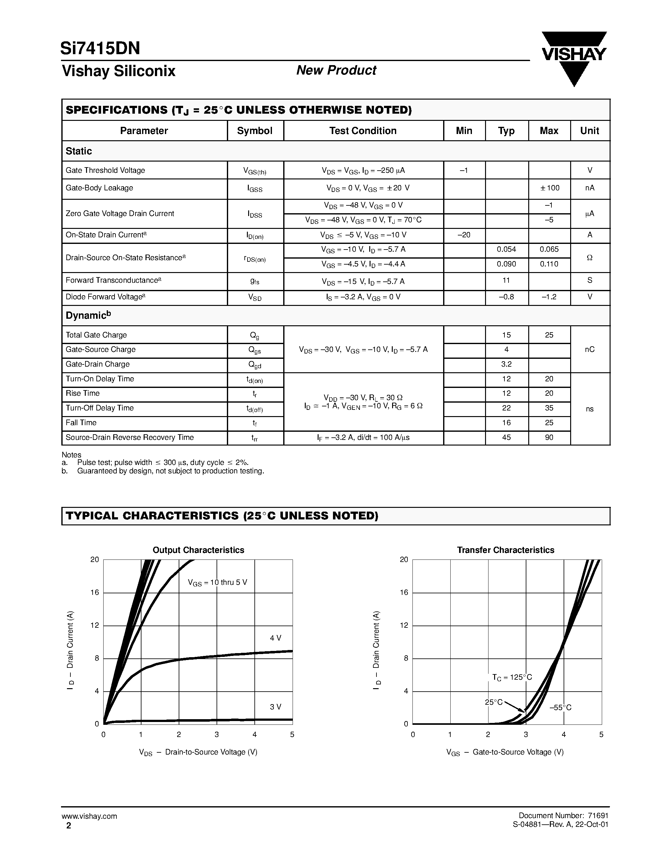 Даташит SI7415DN - P-Channel 60-V (D-S) MOSFET страница 2