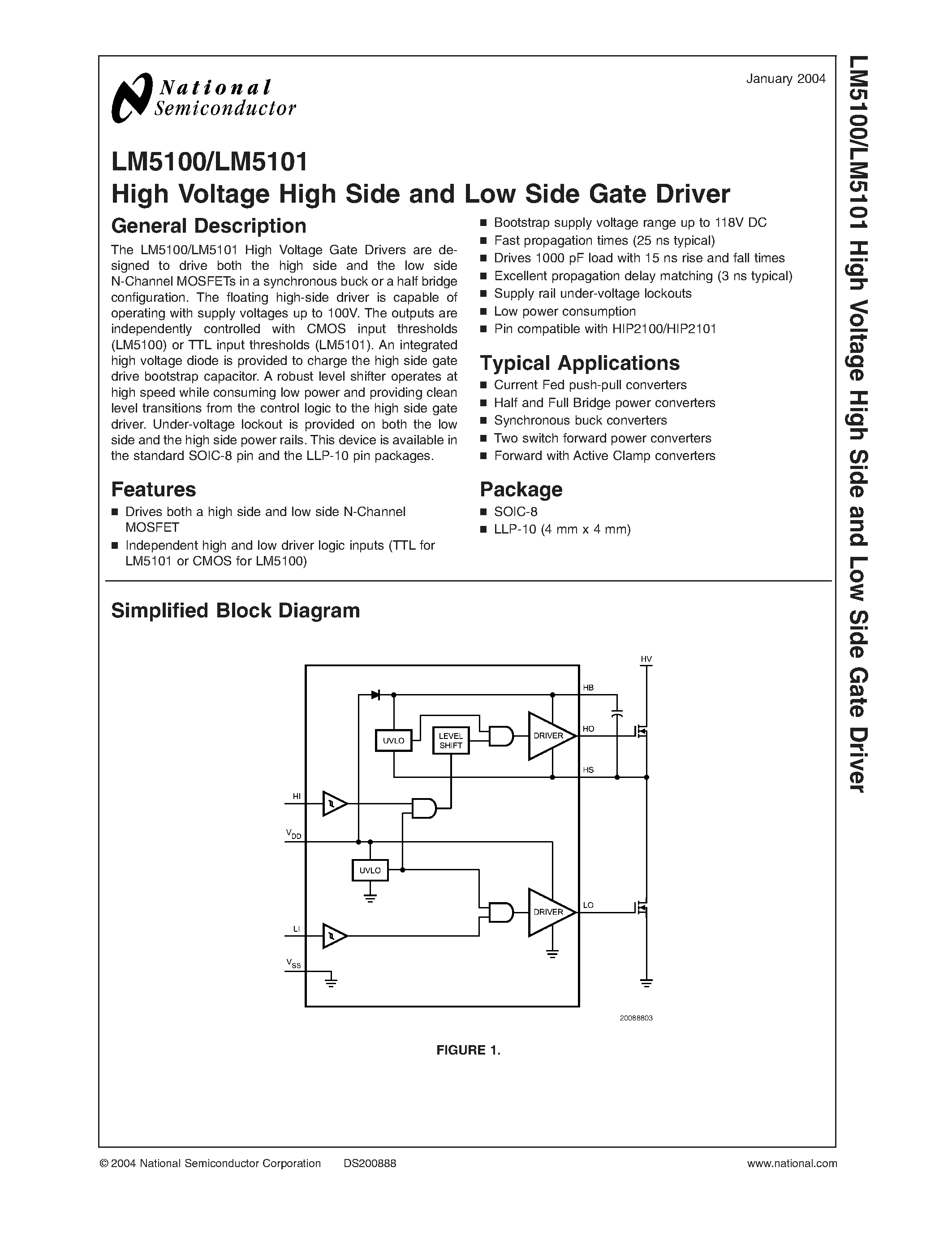 Datasheet LM5100 - High Voltage High Side and Low Side Gate Driver page 1