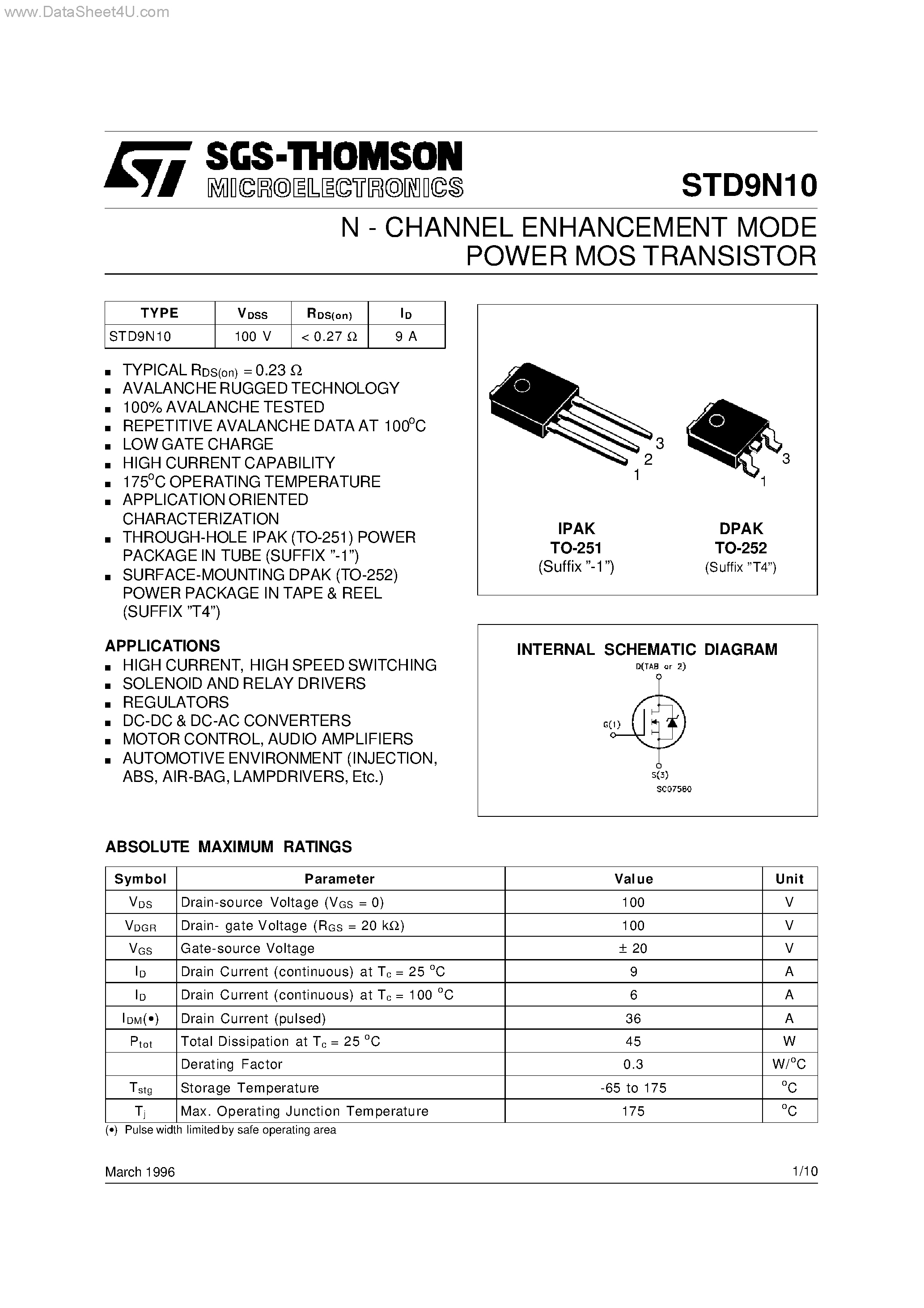 Даташит STD9N10 - N-CHANNEL ENHANCEMENT MODE POWER MOS TRANSISTOR страница 1