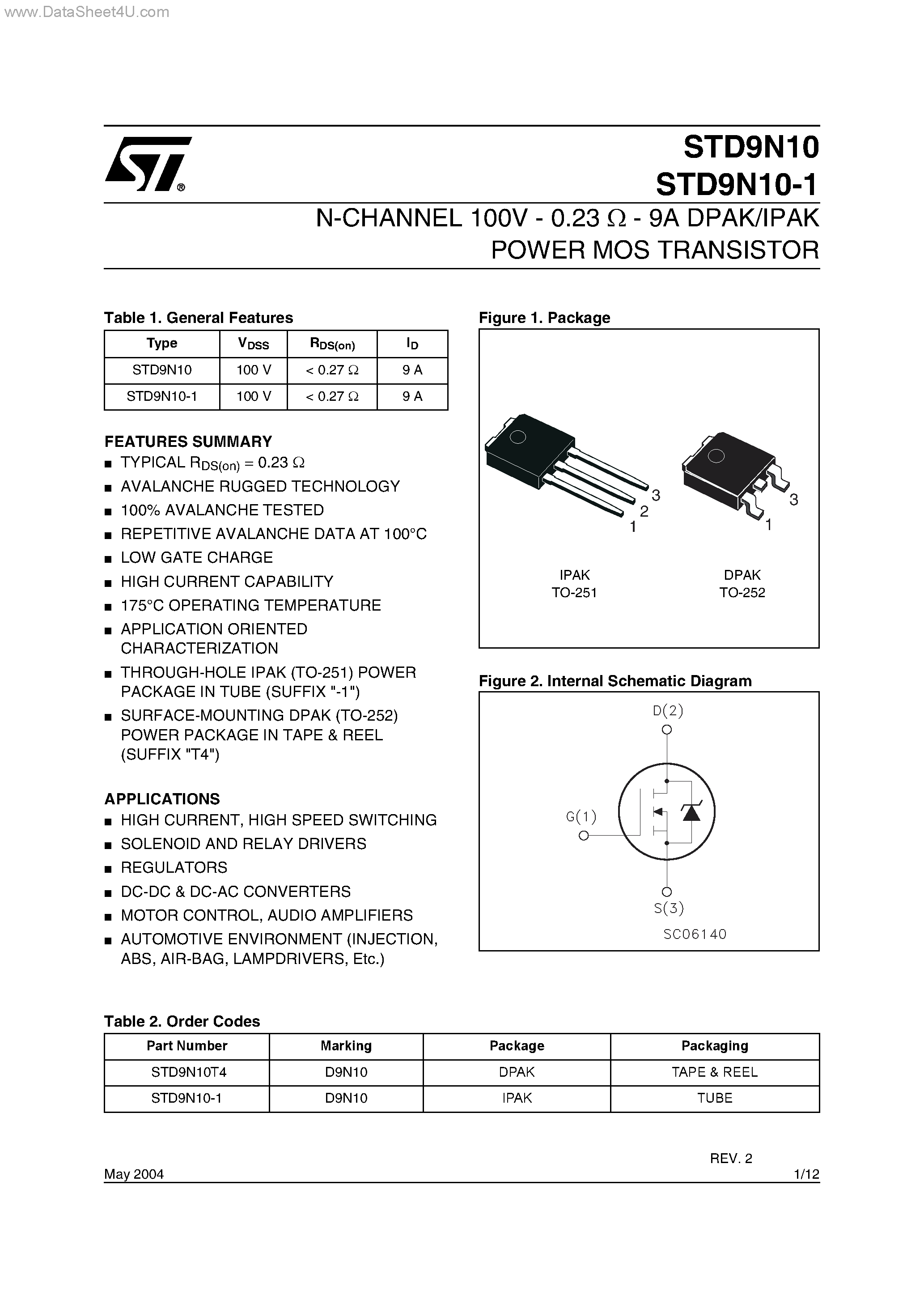 Даташит STD9N10-1 - N-CHANNEL POWER MOS TRANSISTOR страница 1