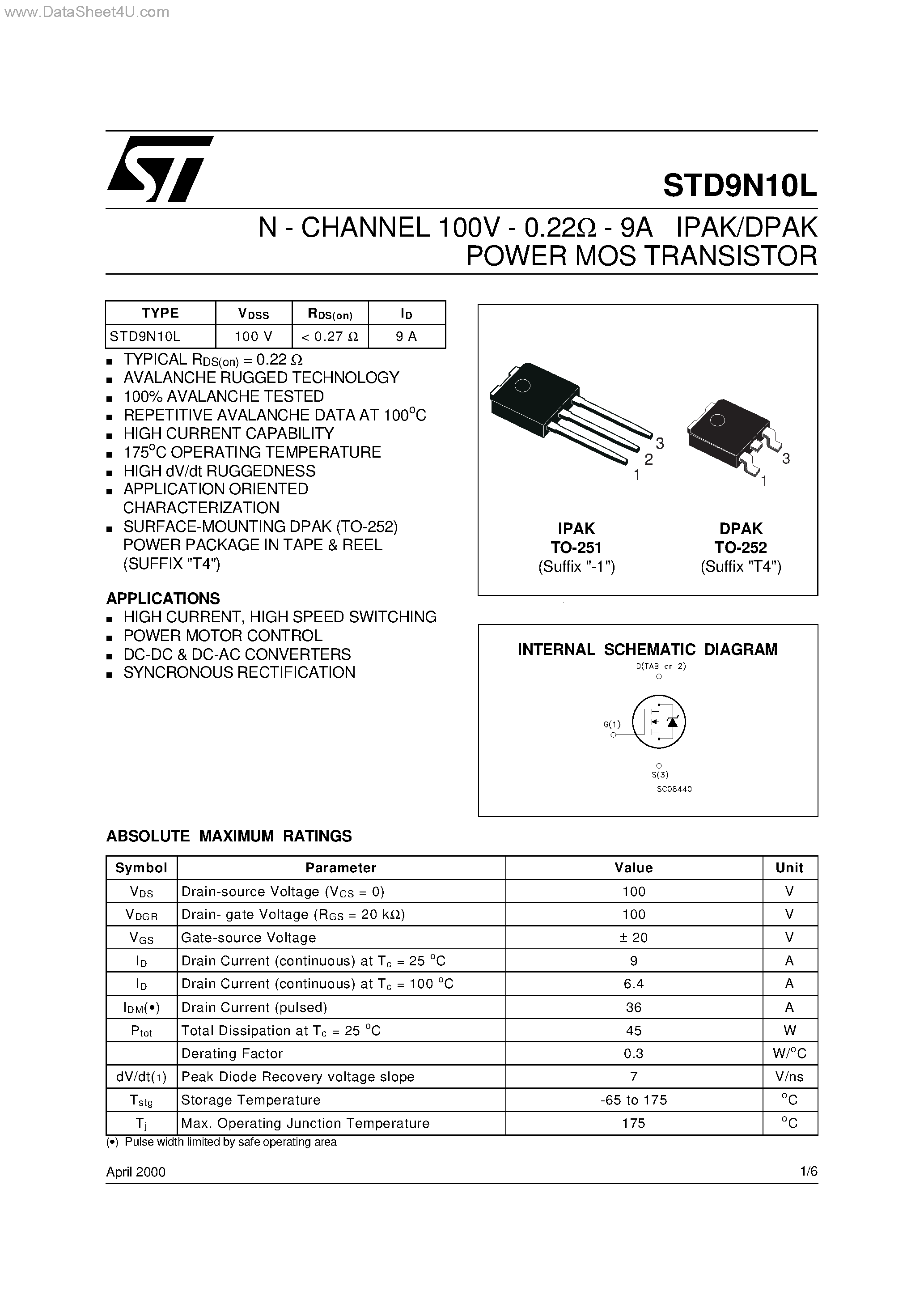 Даташит STD9N10L - N-CHANNEL POWER MOS TRANSISTOR страница 1