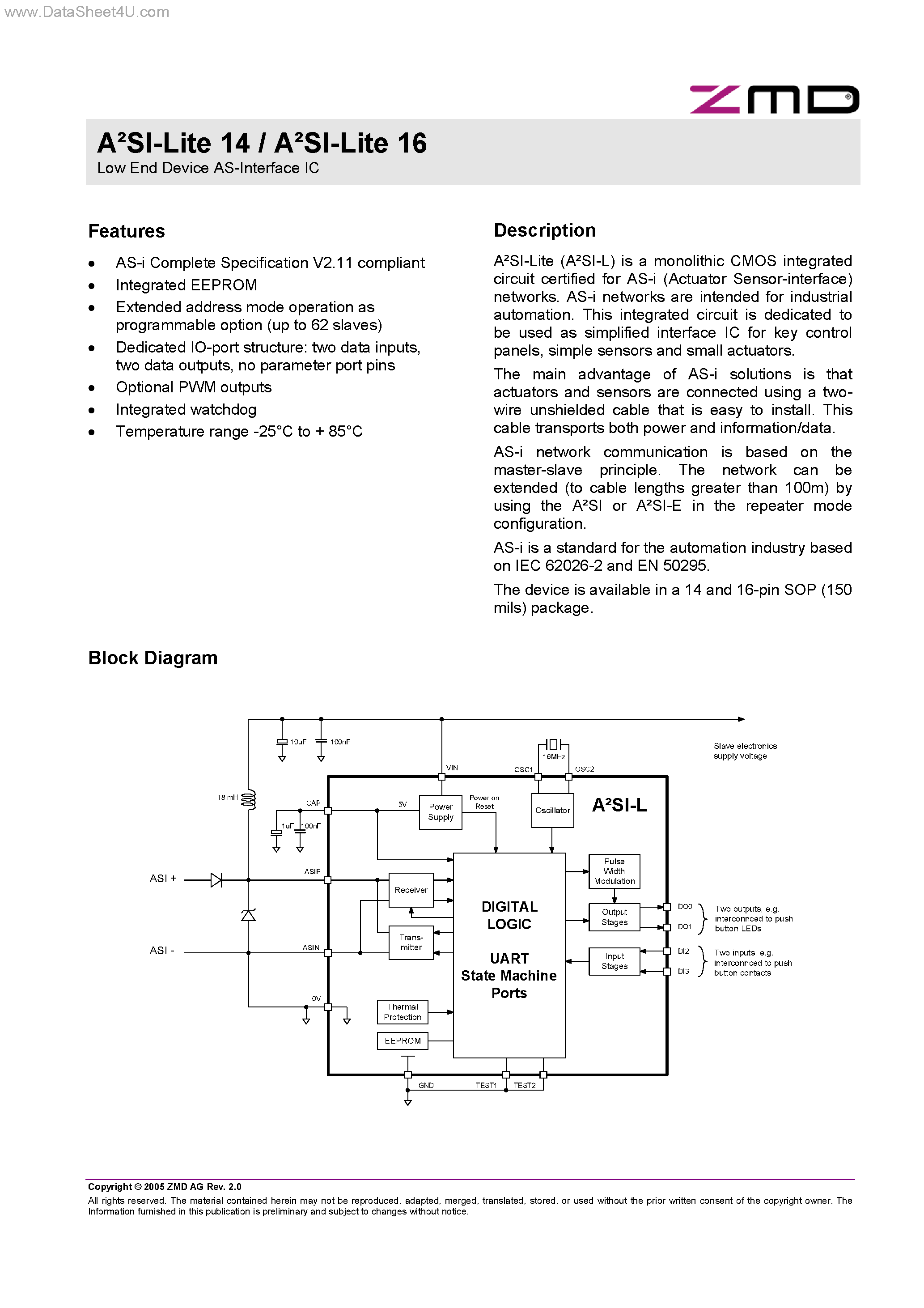 Datasheet A2SI-L - Low End Device AS-Interface IC page 1