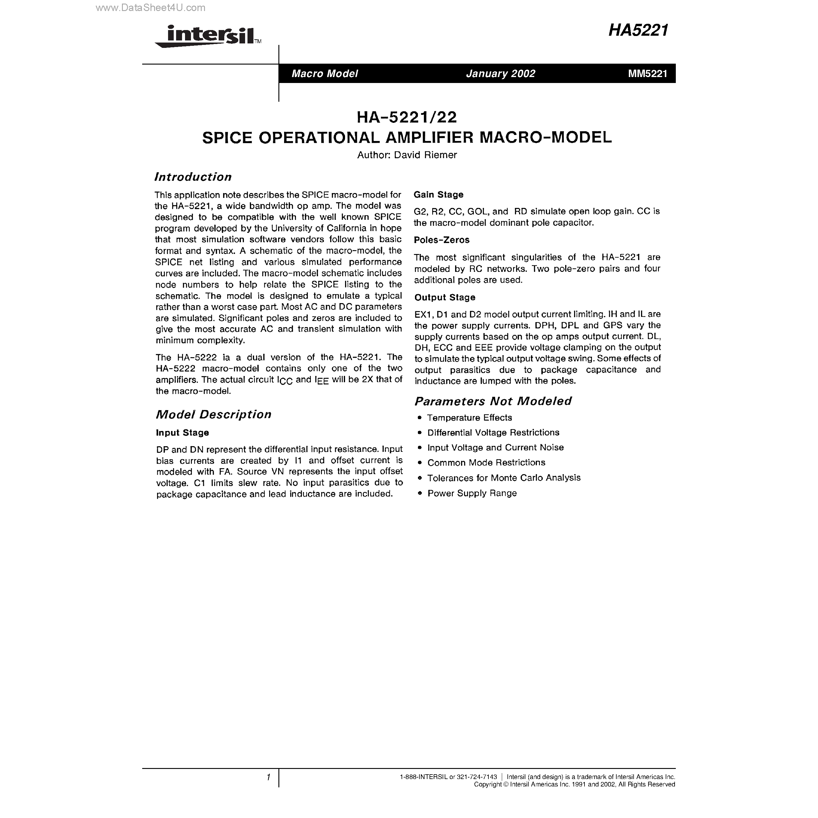 Даташит HA5221 - HA-5221/22 SPICE OPERATIONAL AMPLIFIER MACRO-MODEL страница 1