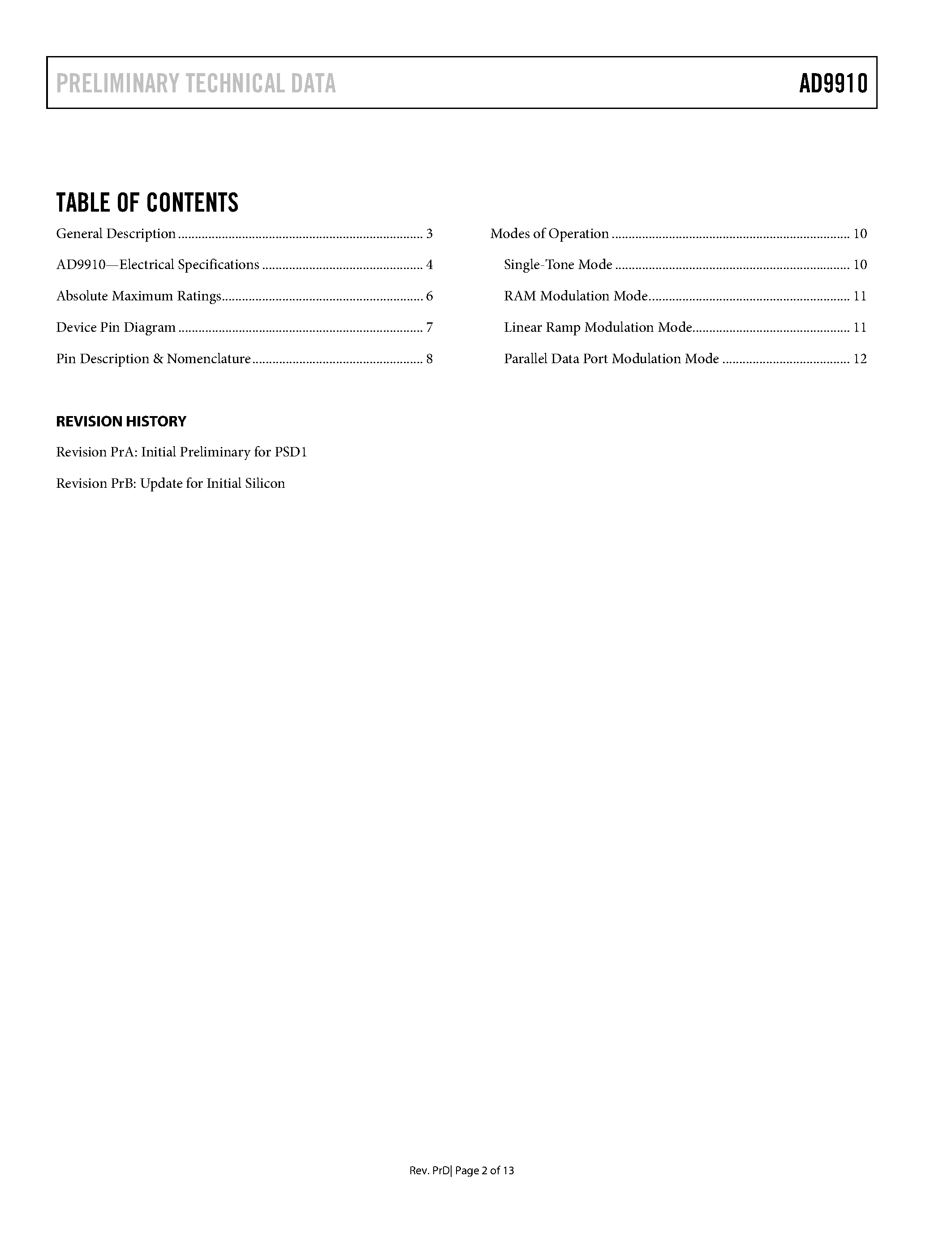 Datasheet AD9910 - 3.3V CMOS Direct Digital Synthesizer page 2