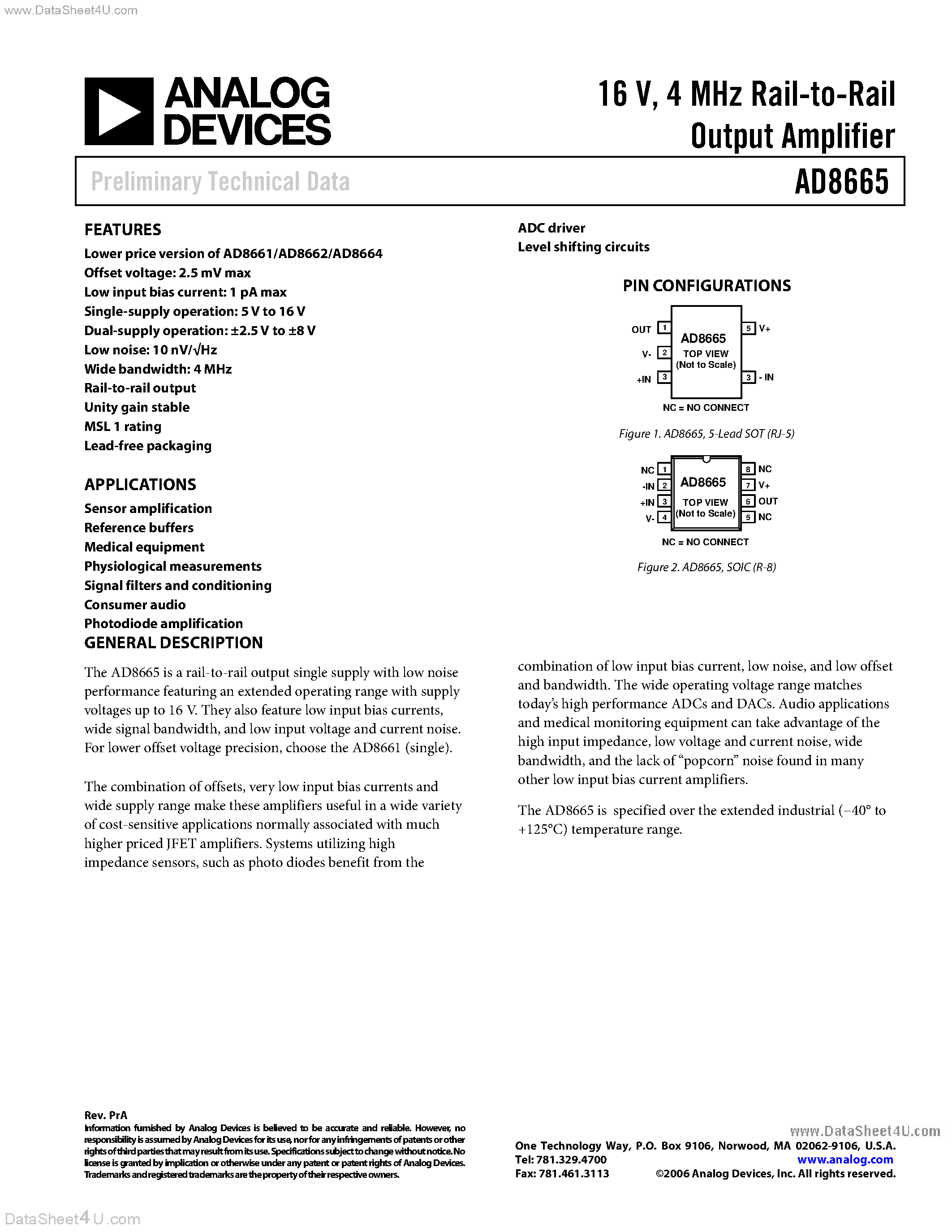 Datasheet AD8665 - Rail-to-Rail Output Amplifier page 1