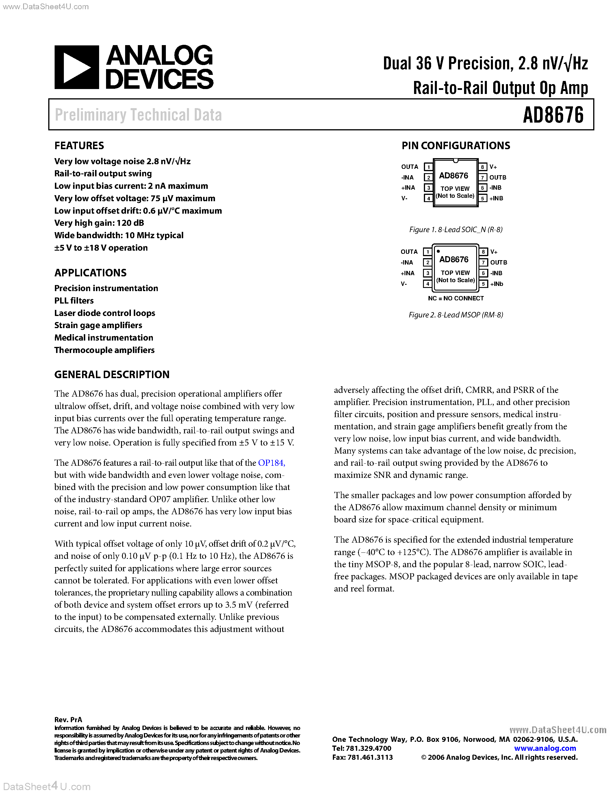 Datasheet AD8676 - Rail-to-Rail Output Amplifier page 1