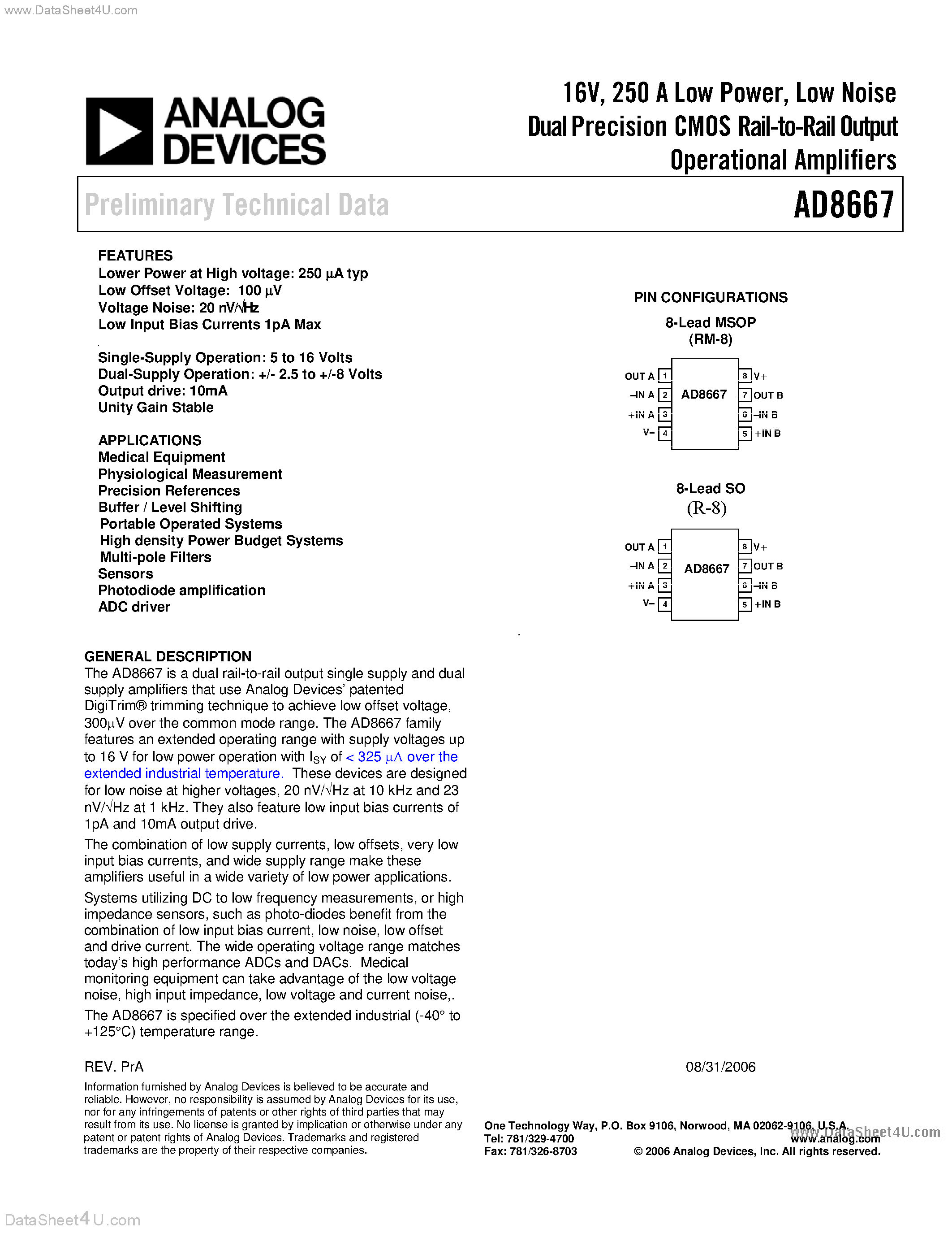 Даташит AD8667 - Dual Precision CMOS Rail-to-Rail Output Amplifier страница 1