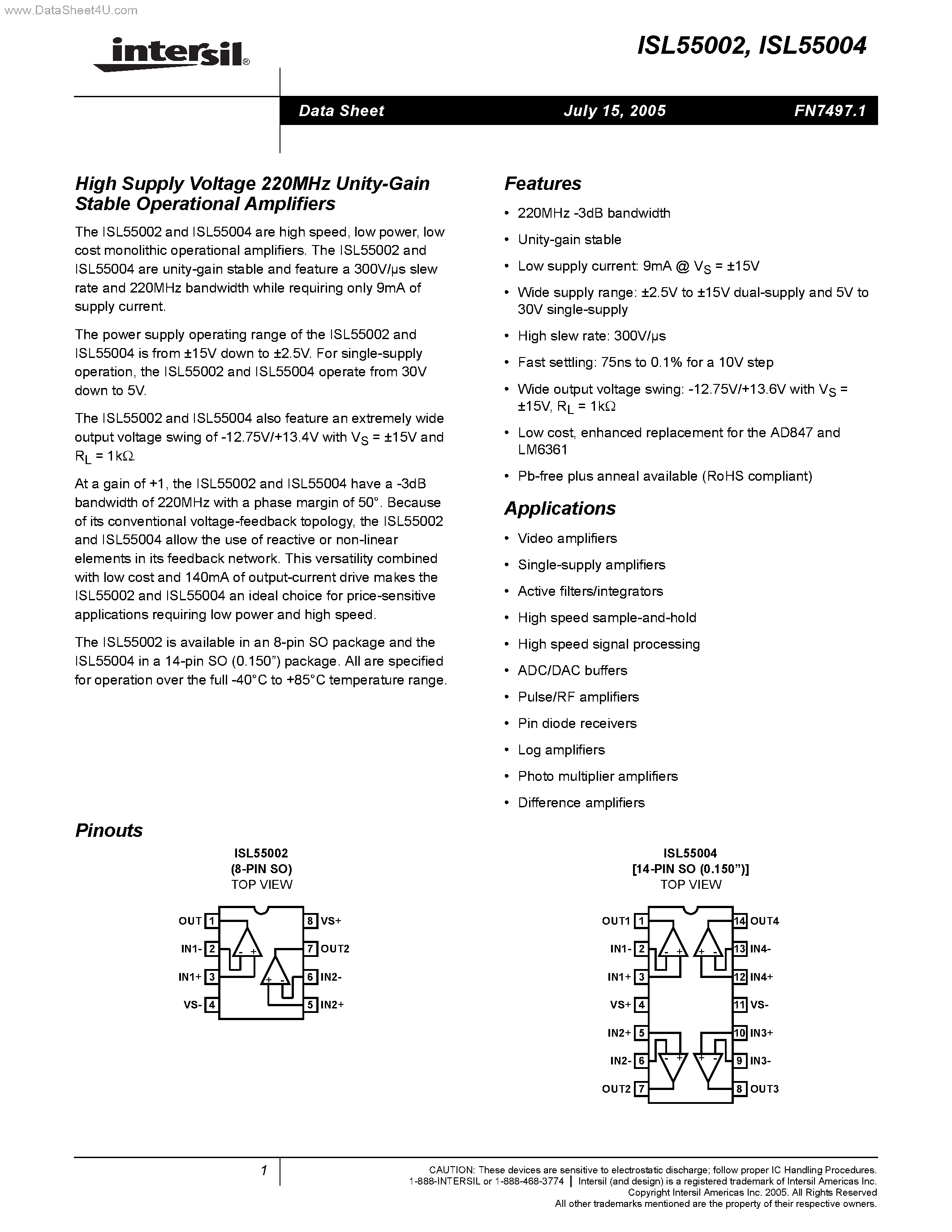 Даташит ISL55002 - (ISL55002 / ISL55004) High Supply Voltage 220MHz Unity-Gain Stable Operational Amplifiers страница 1