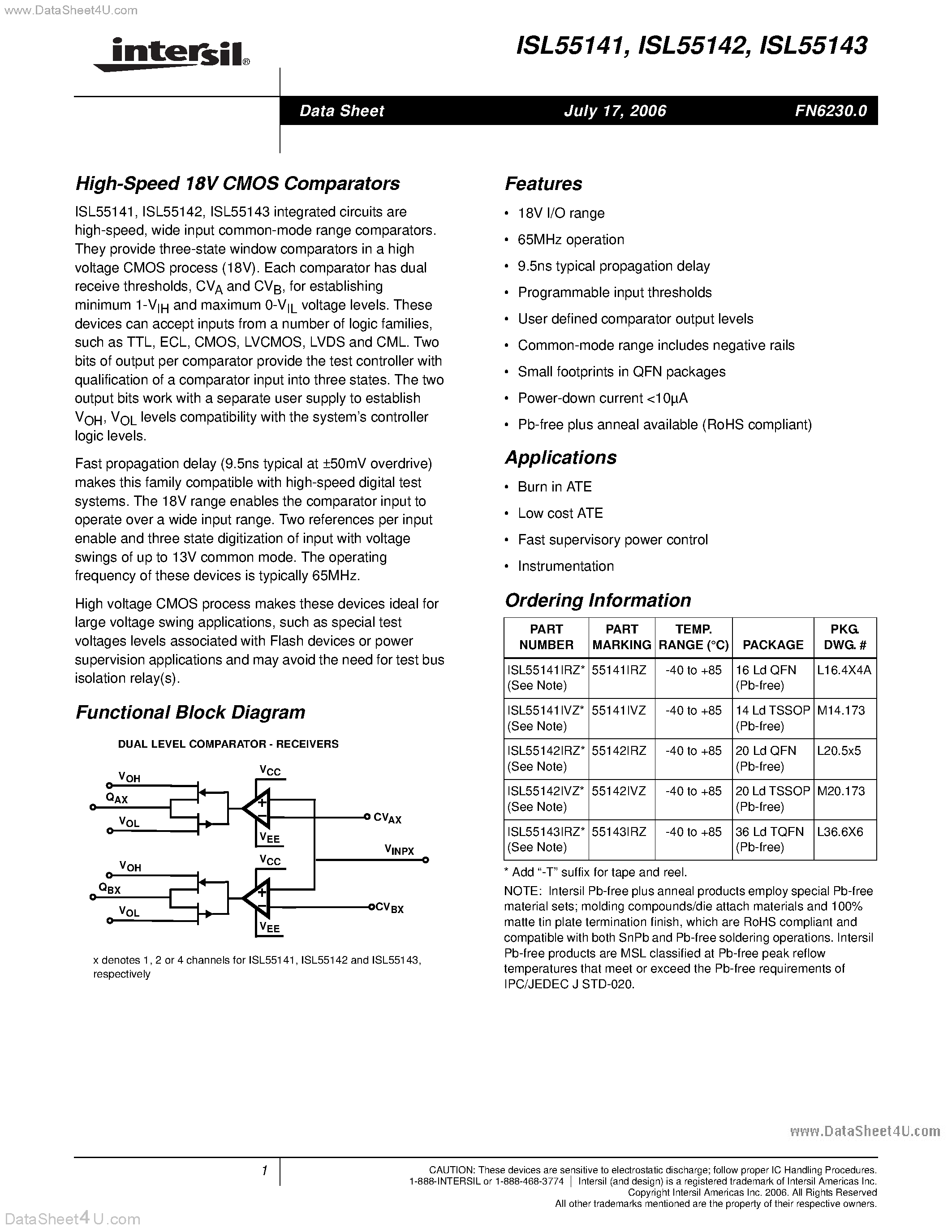 Даташит ISL55141 - (ISL55141 - ISL55143) High Speed 18V CMOS Comparators страница 1