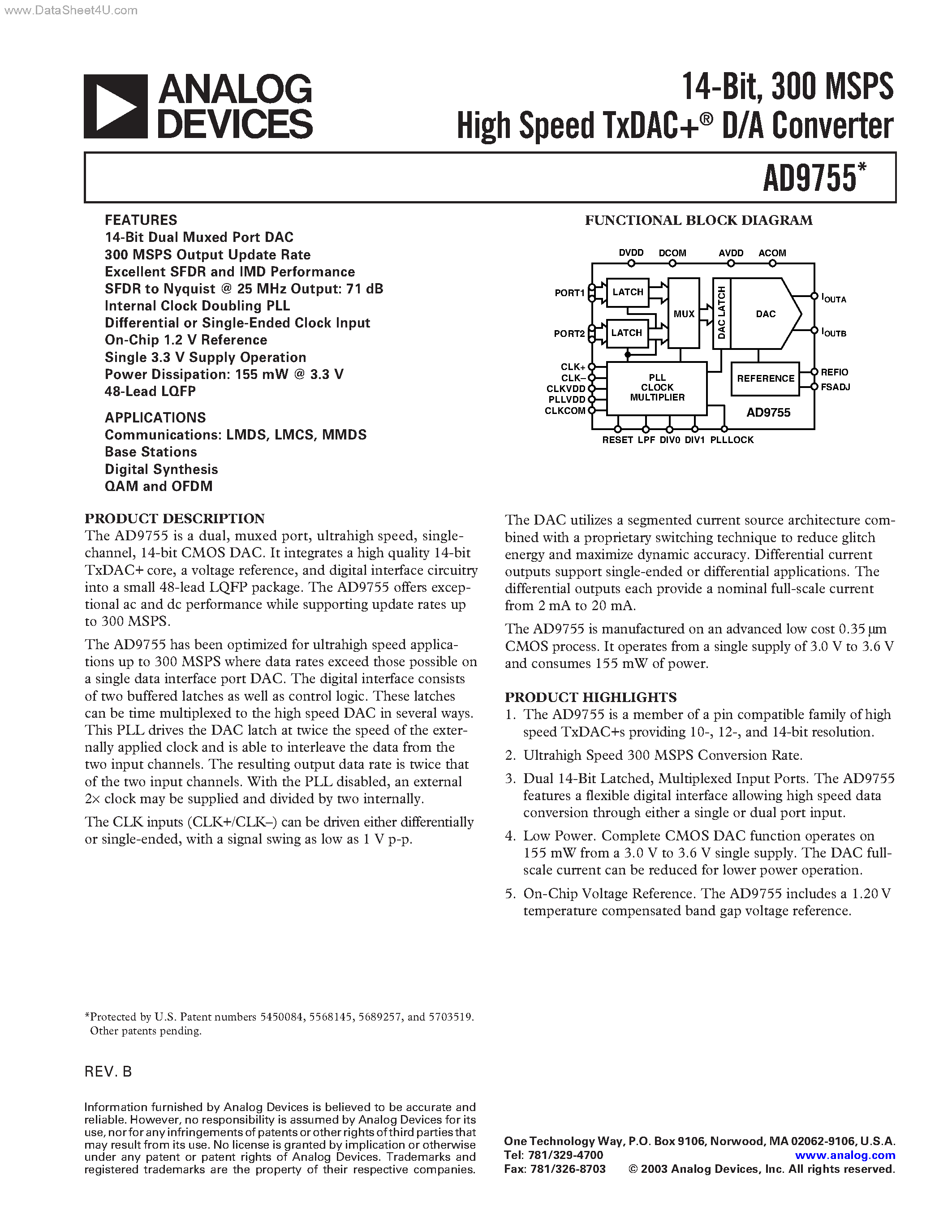 Datasheet AD9755 - 12-Bit/ 300 MSPS High-Speed TxDAC+ D/A Converter page 1