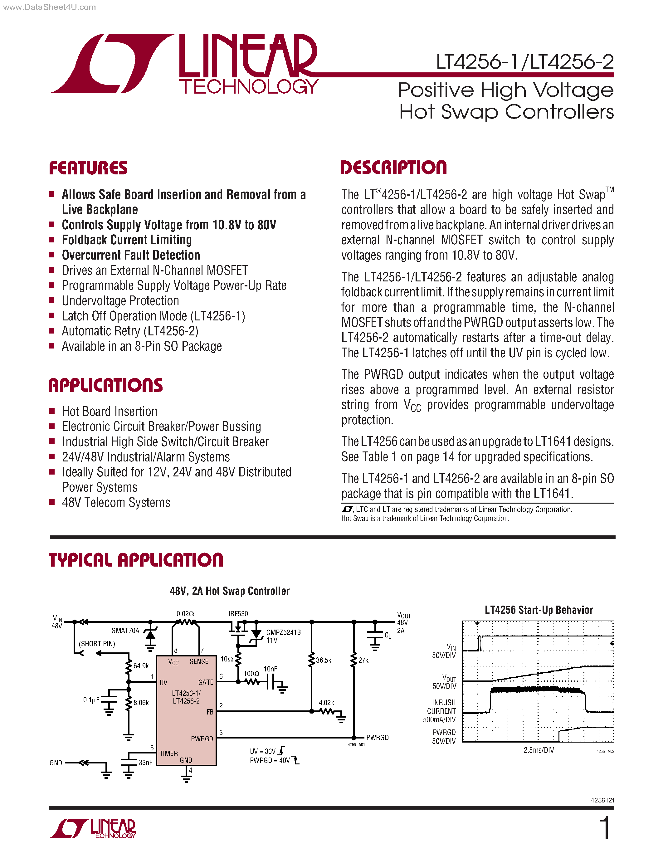 Даташит LT4256-1 - (LT4256-1/-2) Positive High Voltage Hot Swap Controllers страница 1