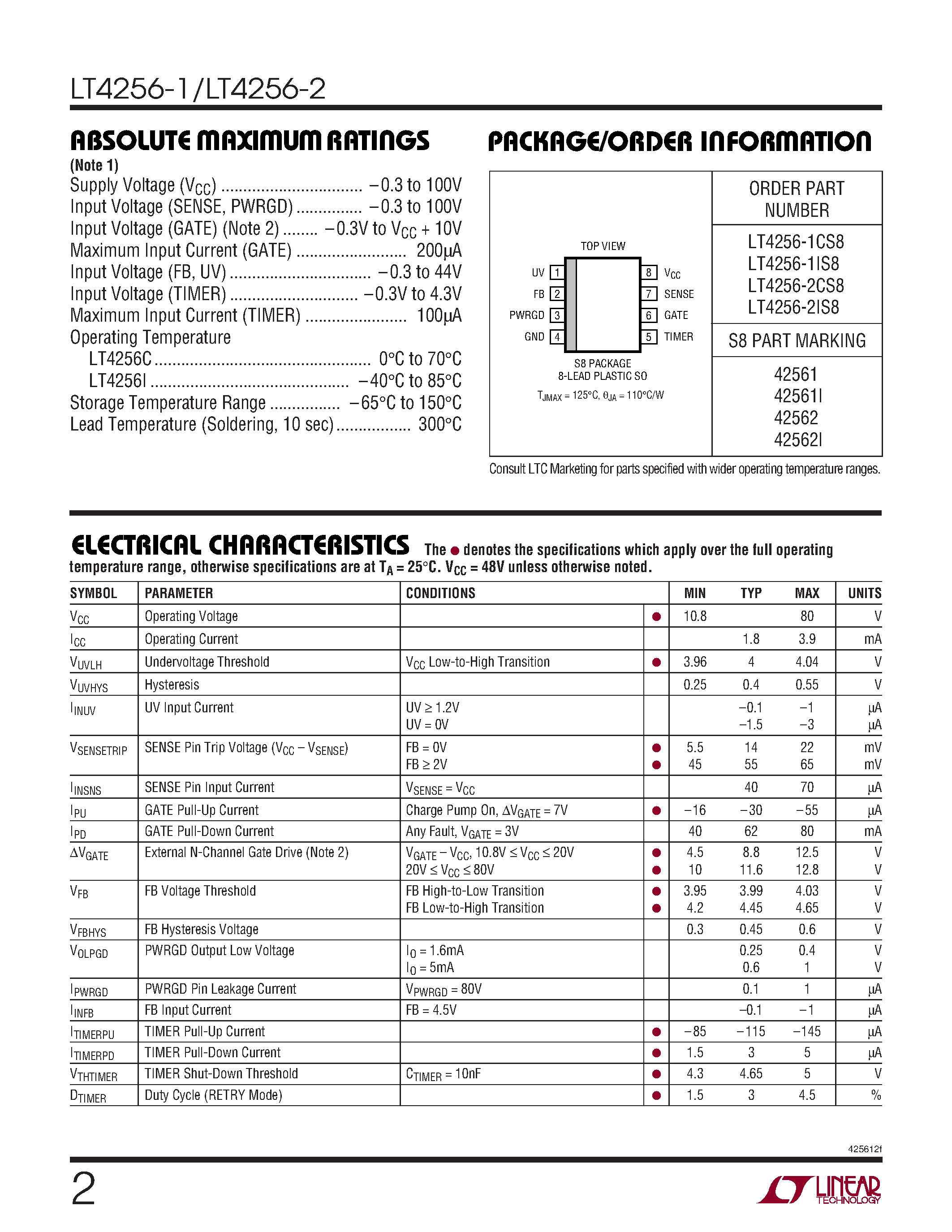 Даташит LT4256-1 - (LT4256-1/-2) Positive High Voltage Hot Swap Controllers страница 2