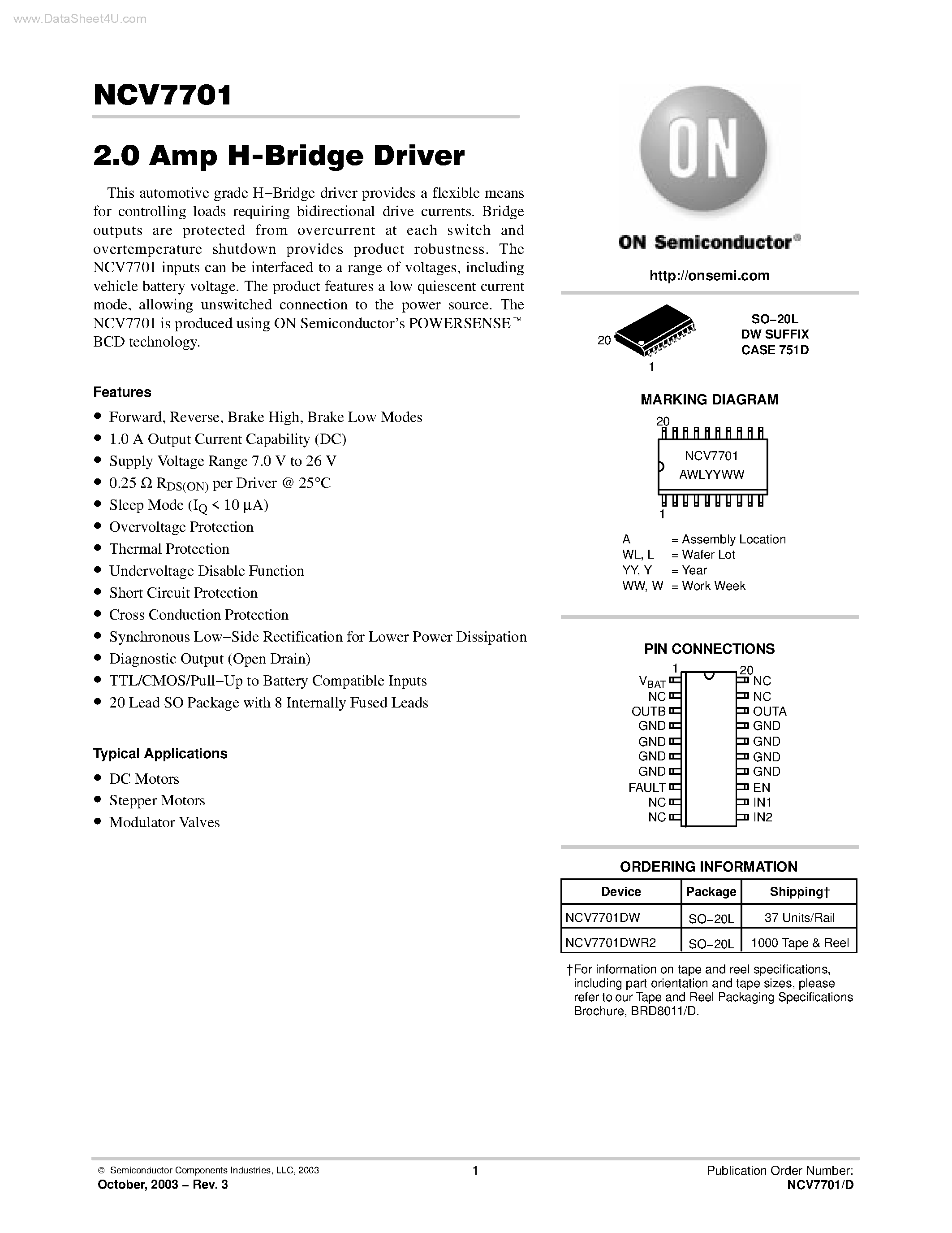 Даташит NCV7701 - 2.0 Amp H-Bridge Driver страница 1