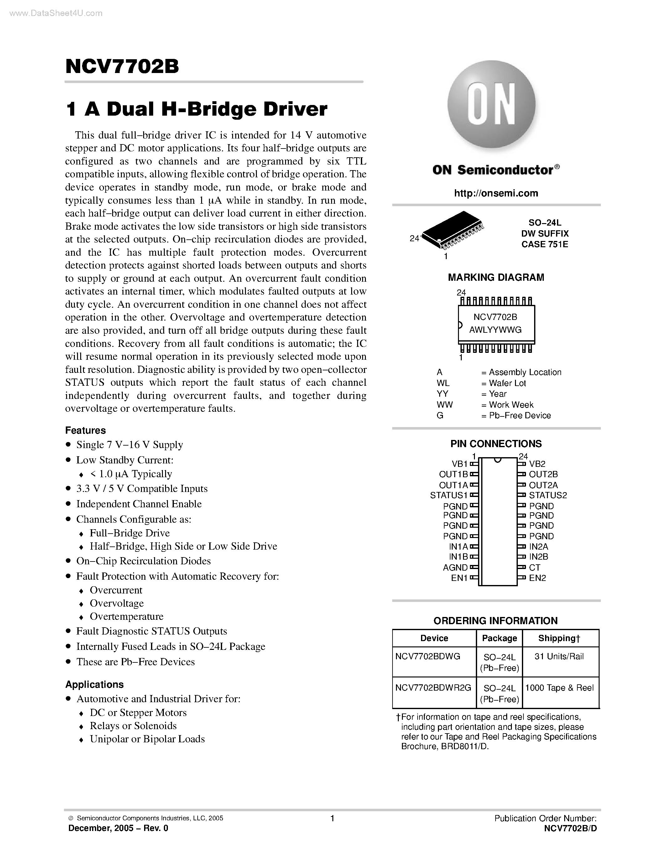 Даташит NCV7702B - Dual H-Bridge Driver страница 1