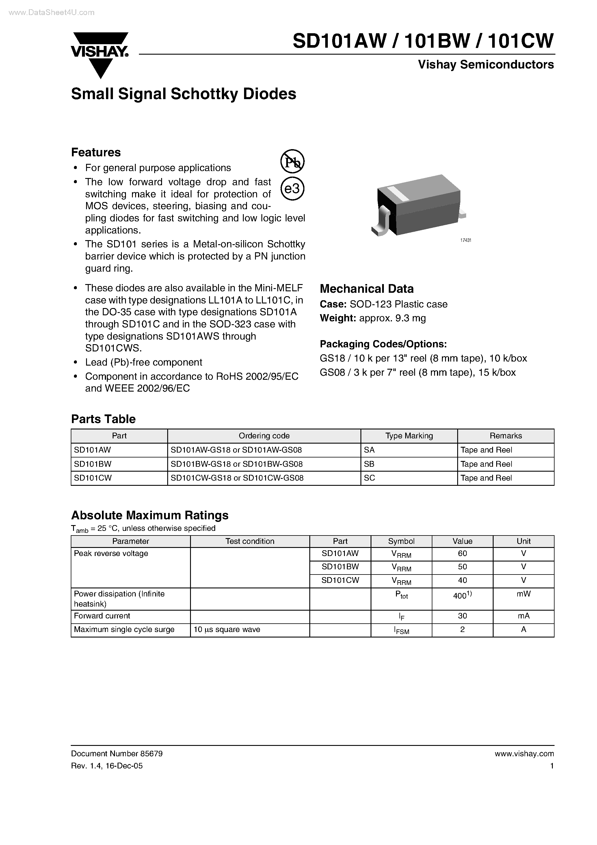 Datasheet SD101AW - Small Signal Schottky Diodes page 1