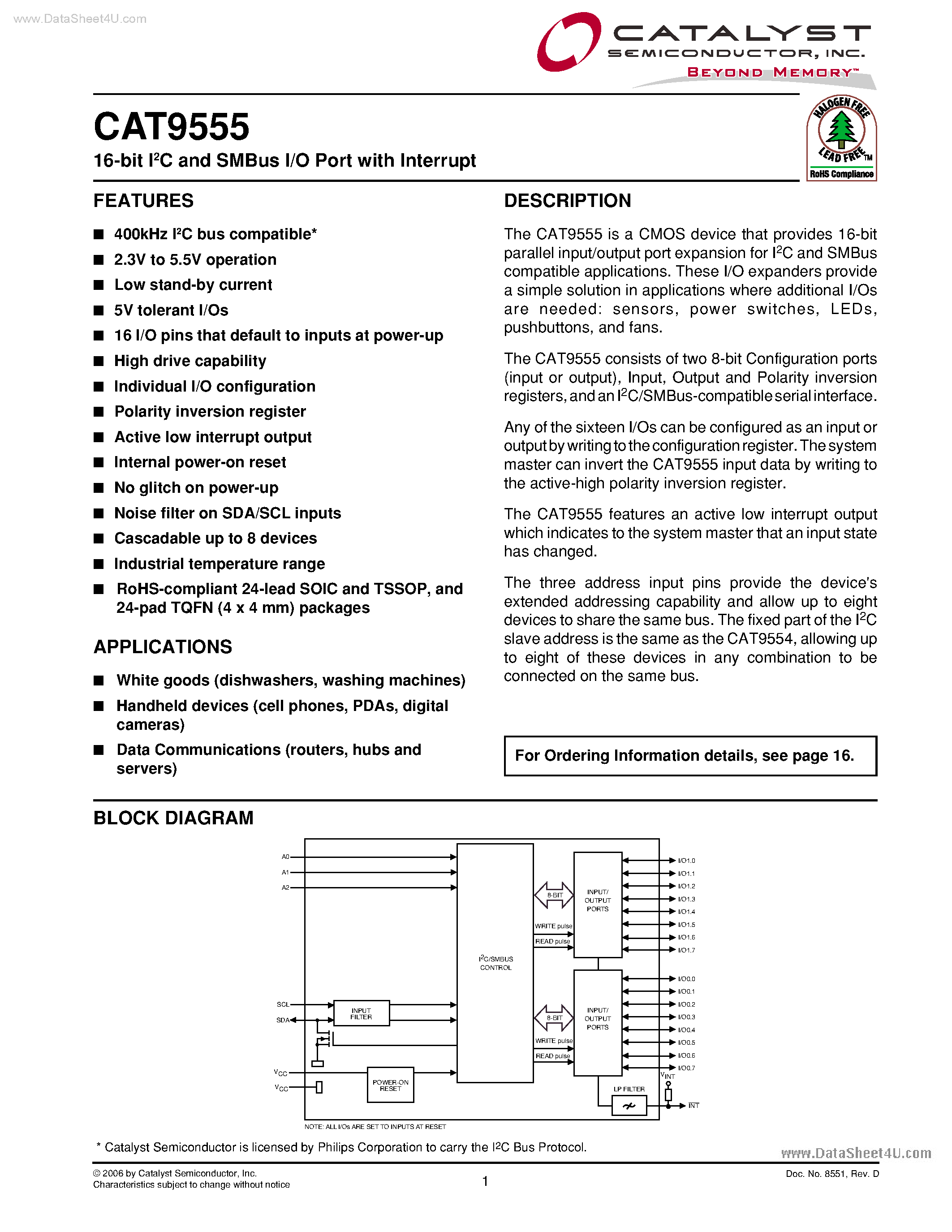 Даташит CAT9555 - 16-Bit I2C and SMBus I/O Port страница 1