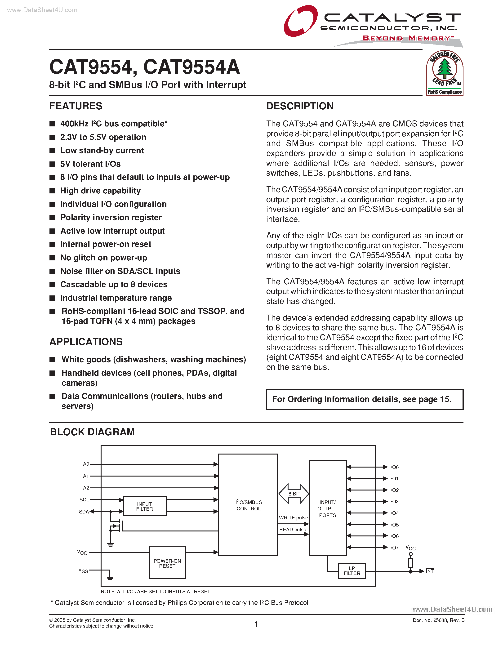 Даташит CAT9554 - 8-Bit I2C and SMBus I/O Port страница 1