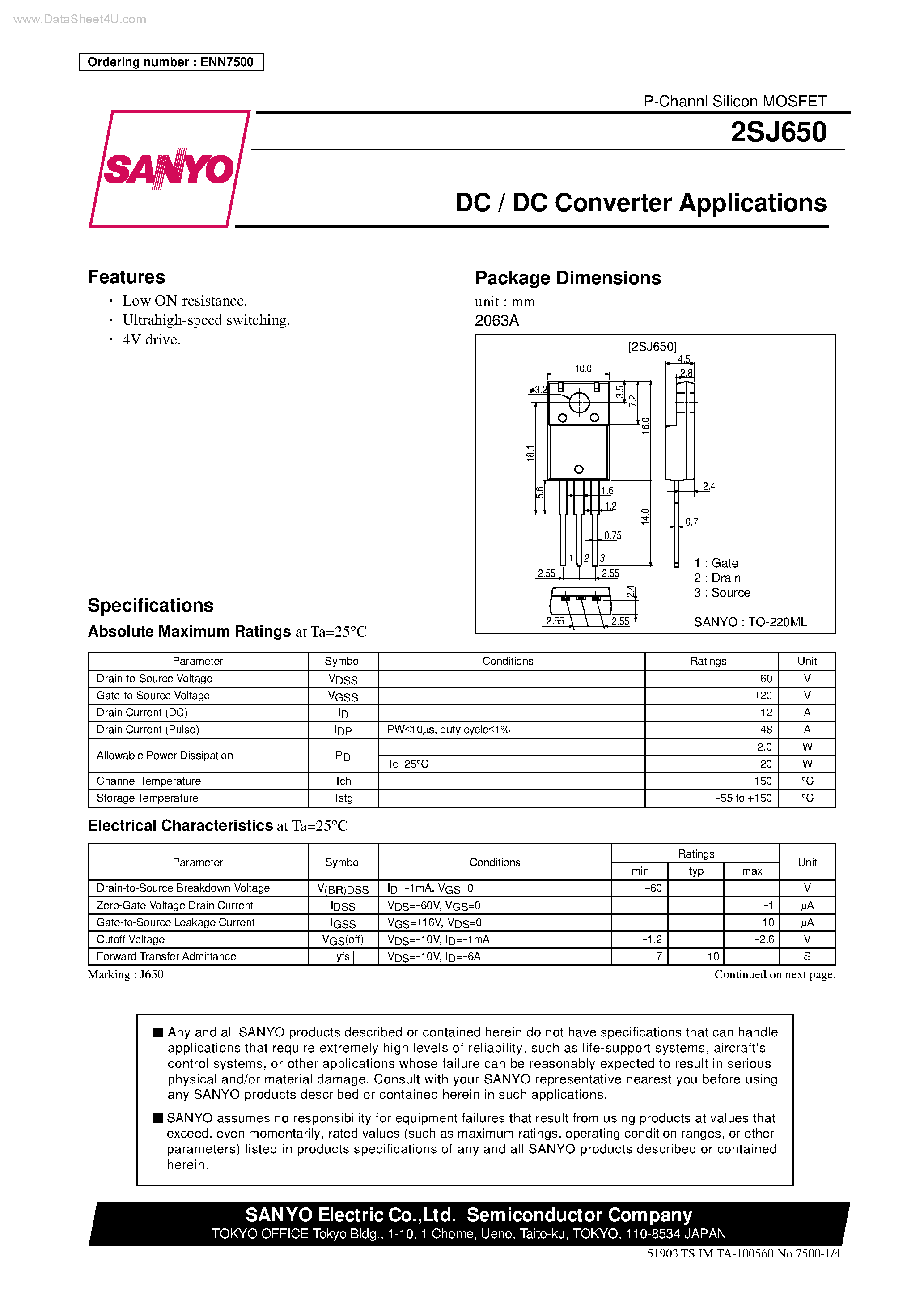 Datasheet 2SJ650 - DC / DC Converter Applications page 1