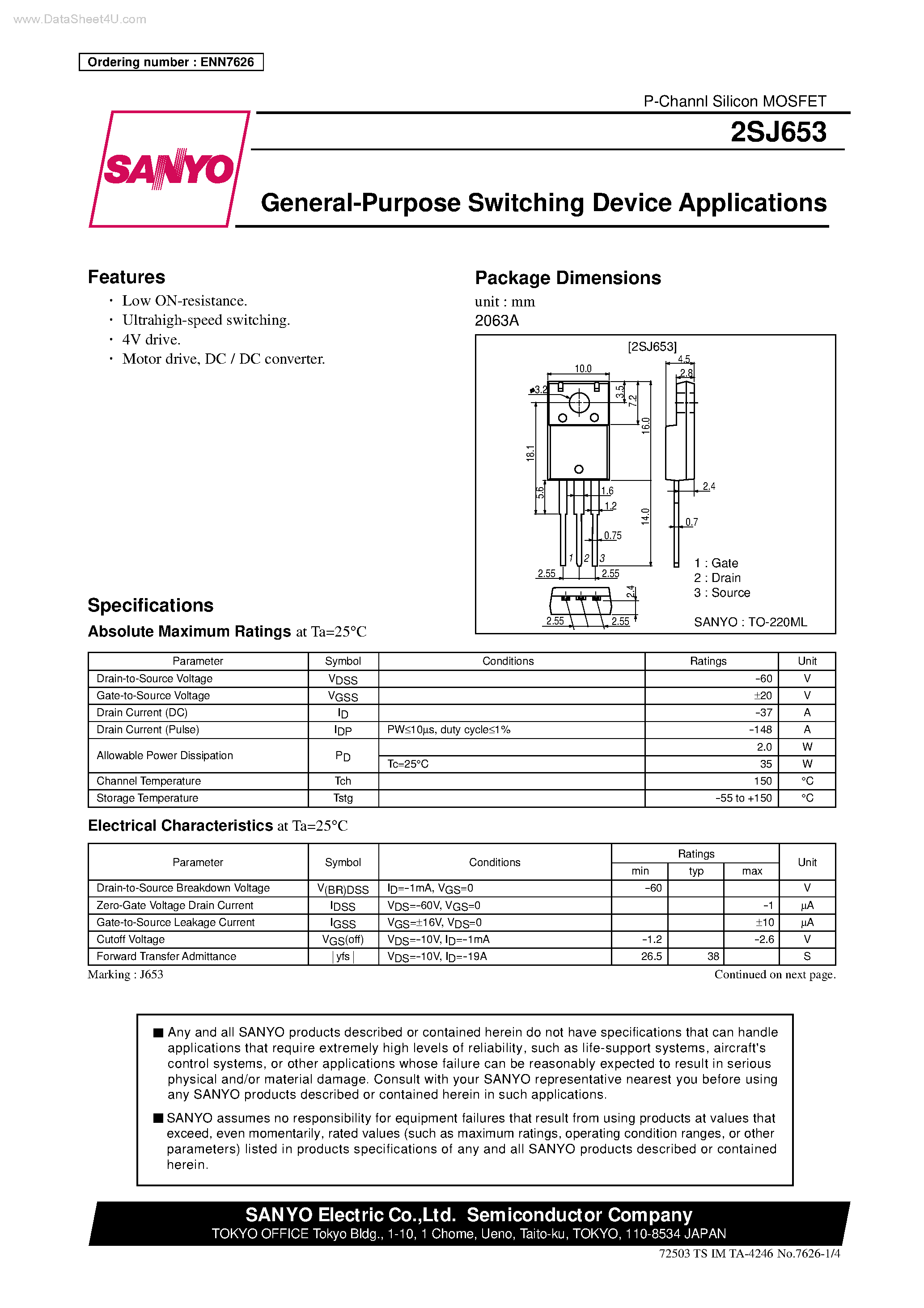 Datasheet 2SJ653 - General-Purpose Switching Device Applications page 1