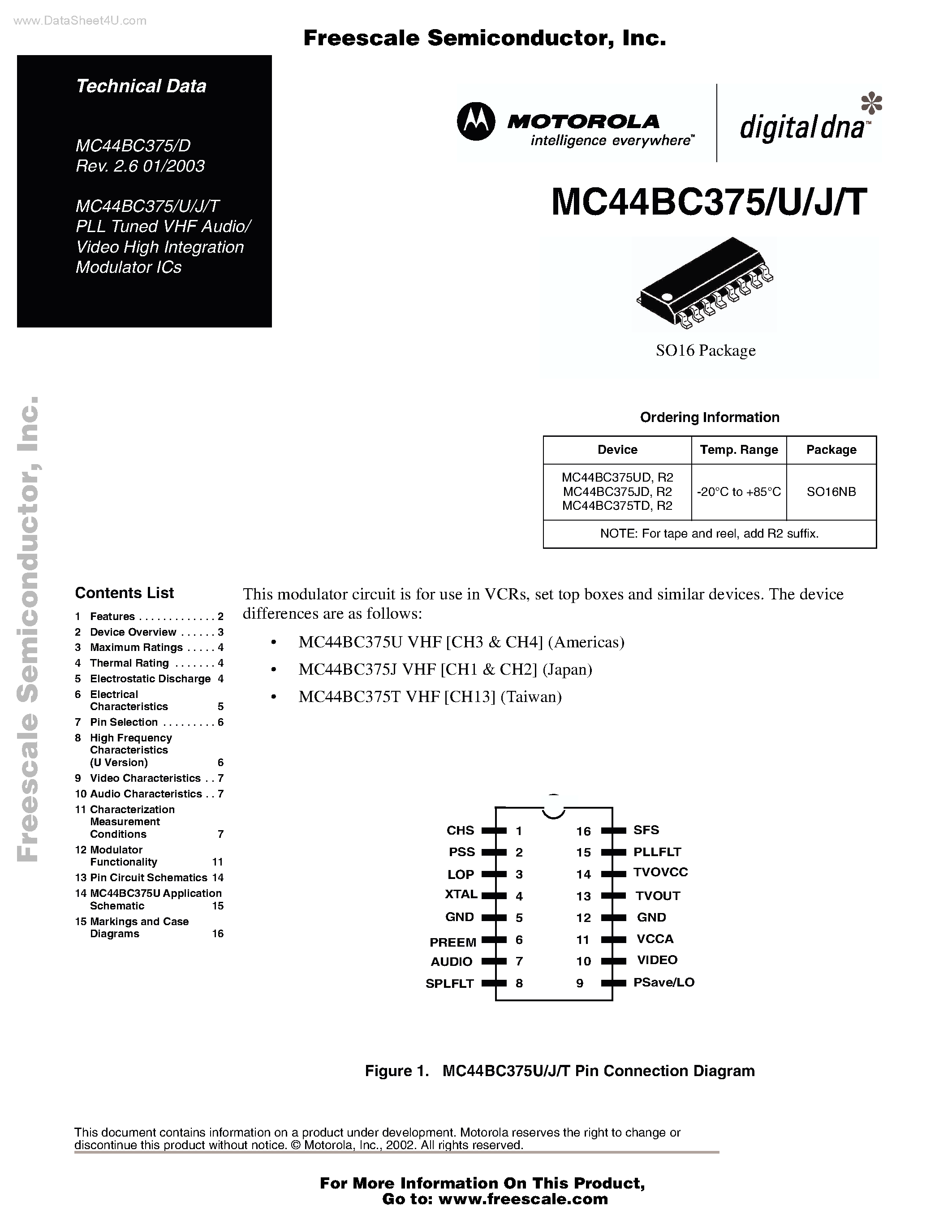 Datasheet MC44BC375 - PLL Tuned VHF Audio/ Video High Integration Modulator ICs page 1