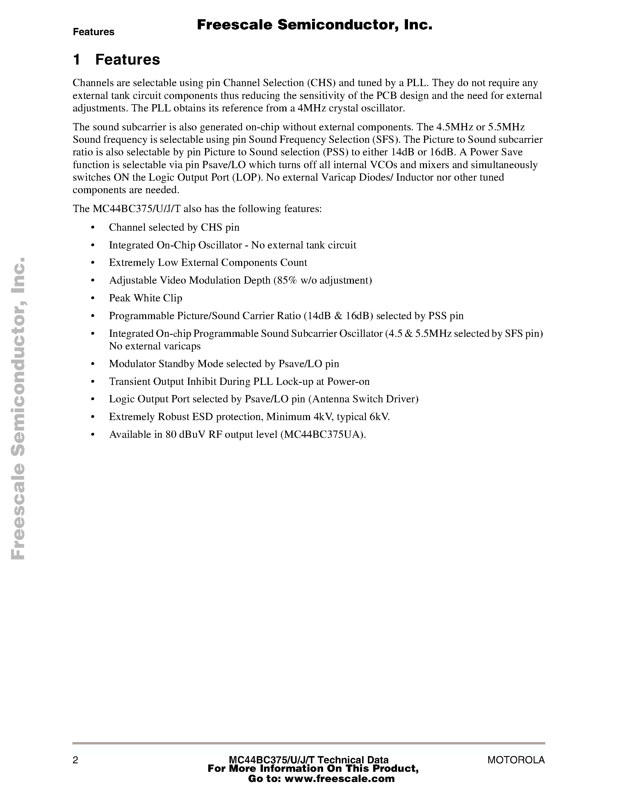 Datasheet MC44BC375 - PLL Tuned VHF Audio/ Video High Integration Modulator ICs page 2