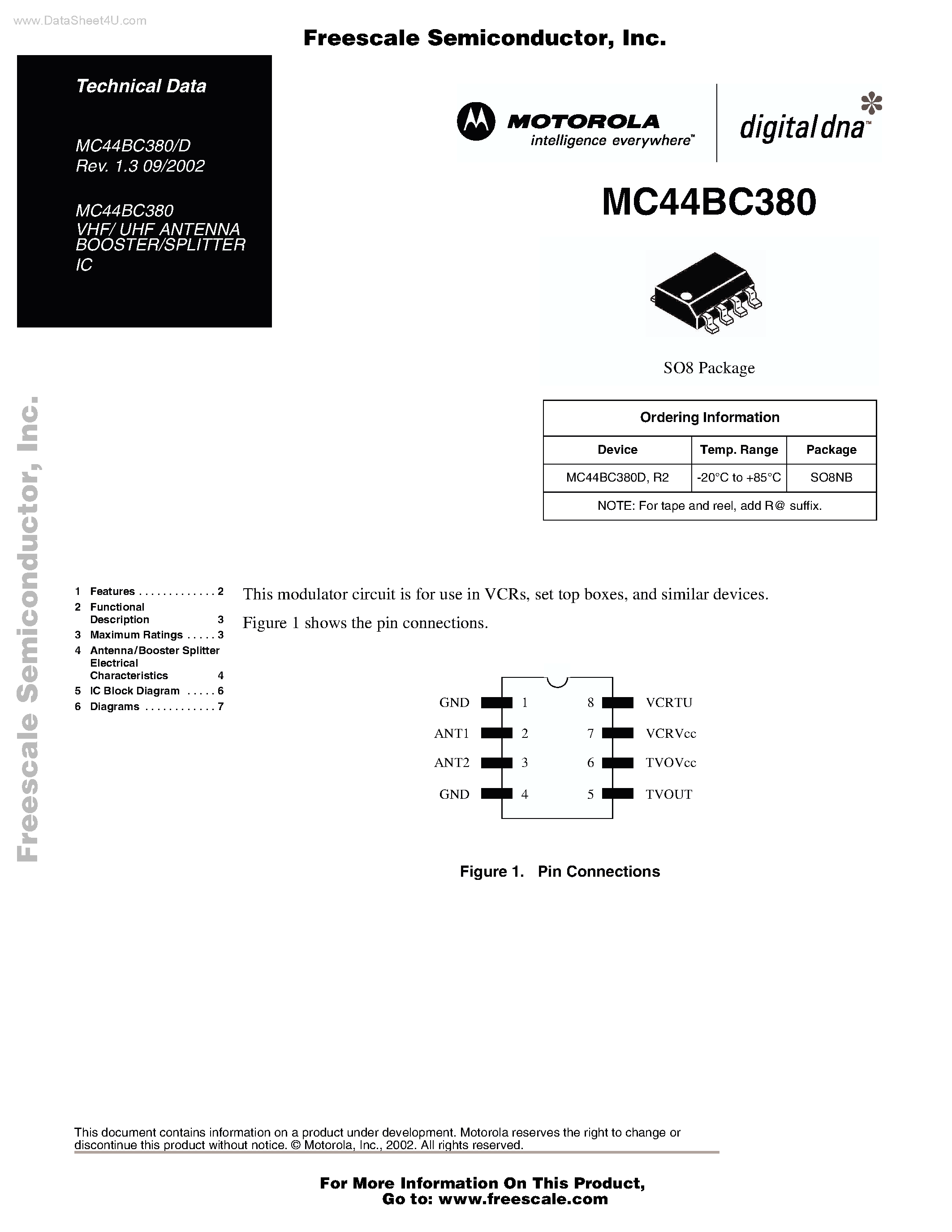 Даташит MC44BC380 - VHF/ UHF ANTENNA BOOSTER/SPLITTER IC страница 1