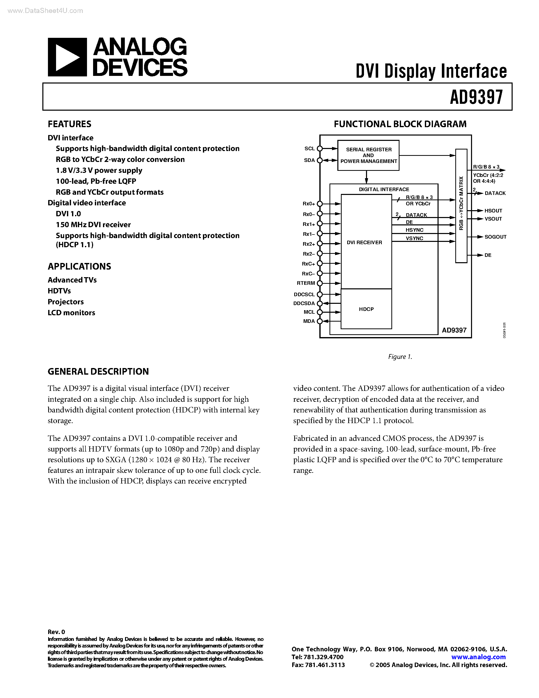 Datasheet AD9397 - DVI Display Interface page 1