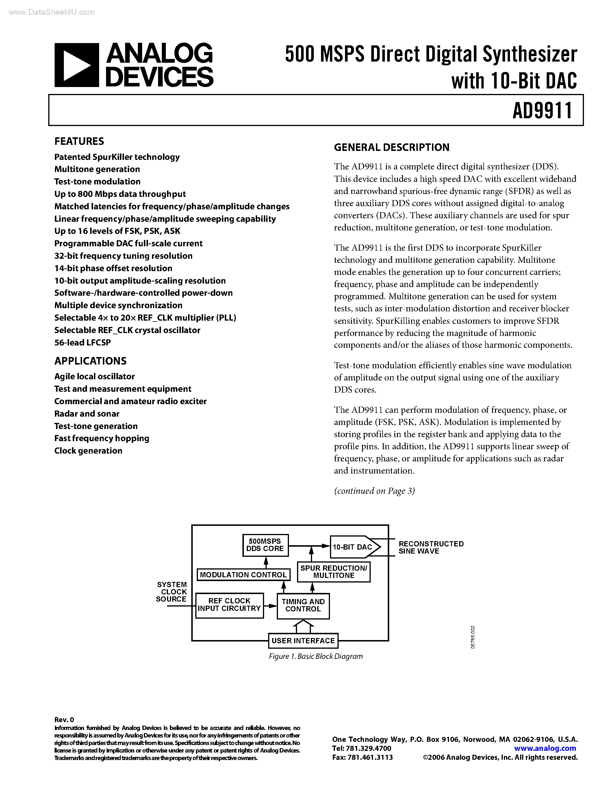 Datasheet AD9911 - 500 MSPS Direct Digital Synthesizer page 1