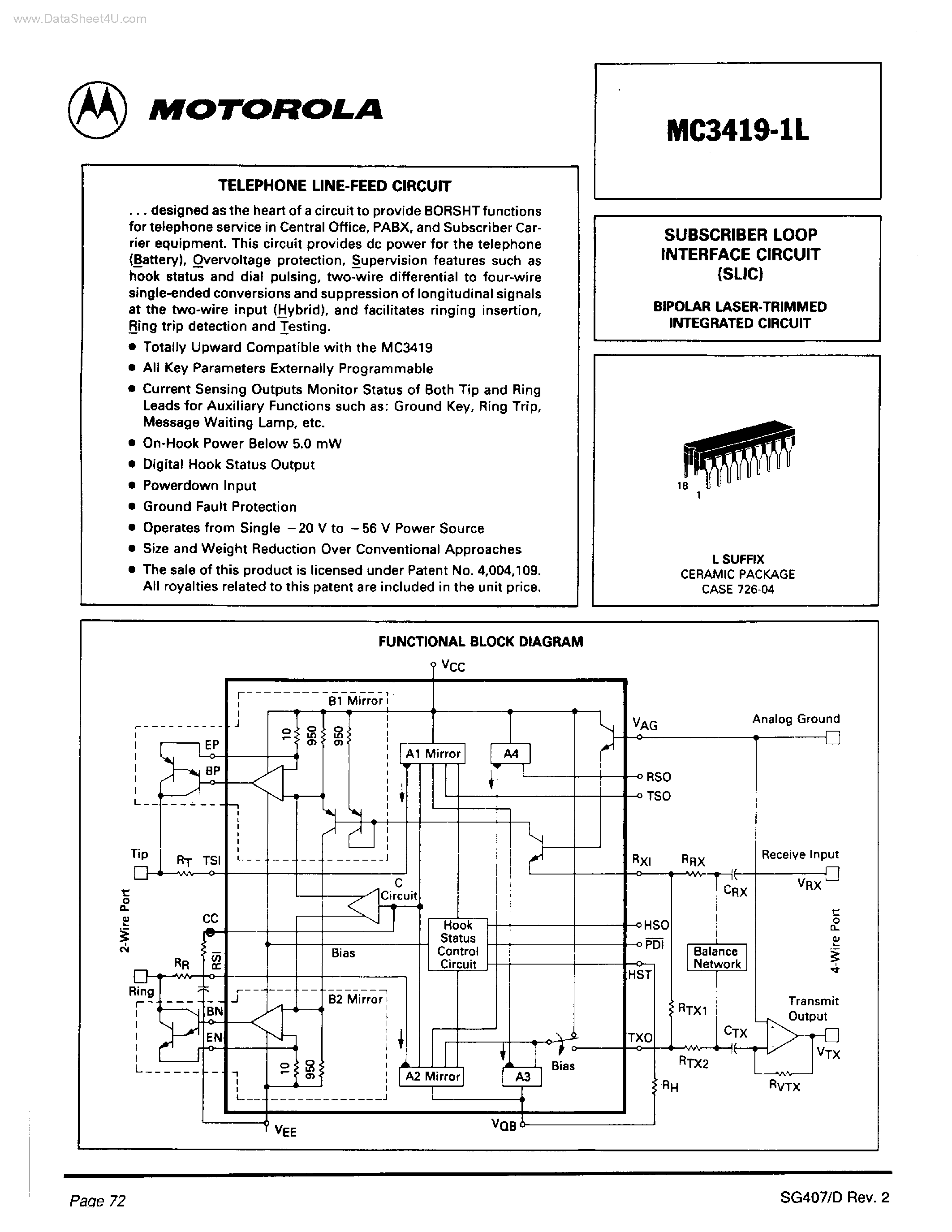 Даташит MC3419-1L - SUBSCRIBER LOOP INTERFACE CIRCUIT страница 1