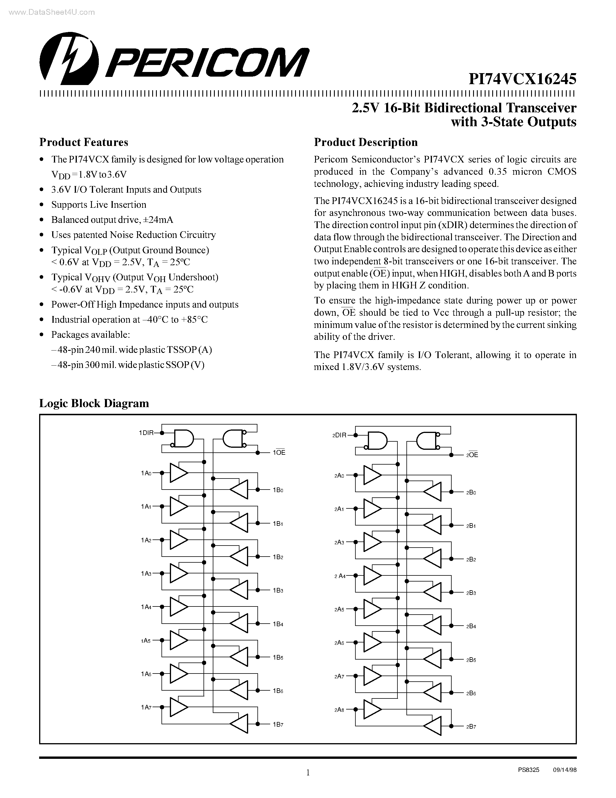 Даташит PI74VCX16245 - 2.5V 16-Bit Bidirectional Transceiver страница 1