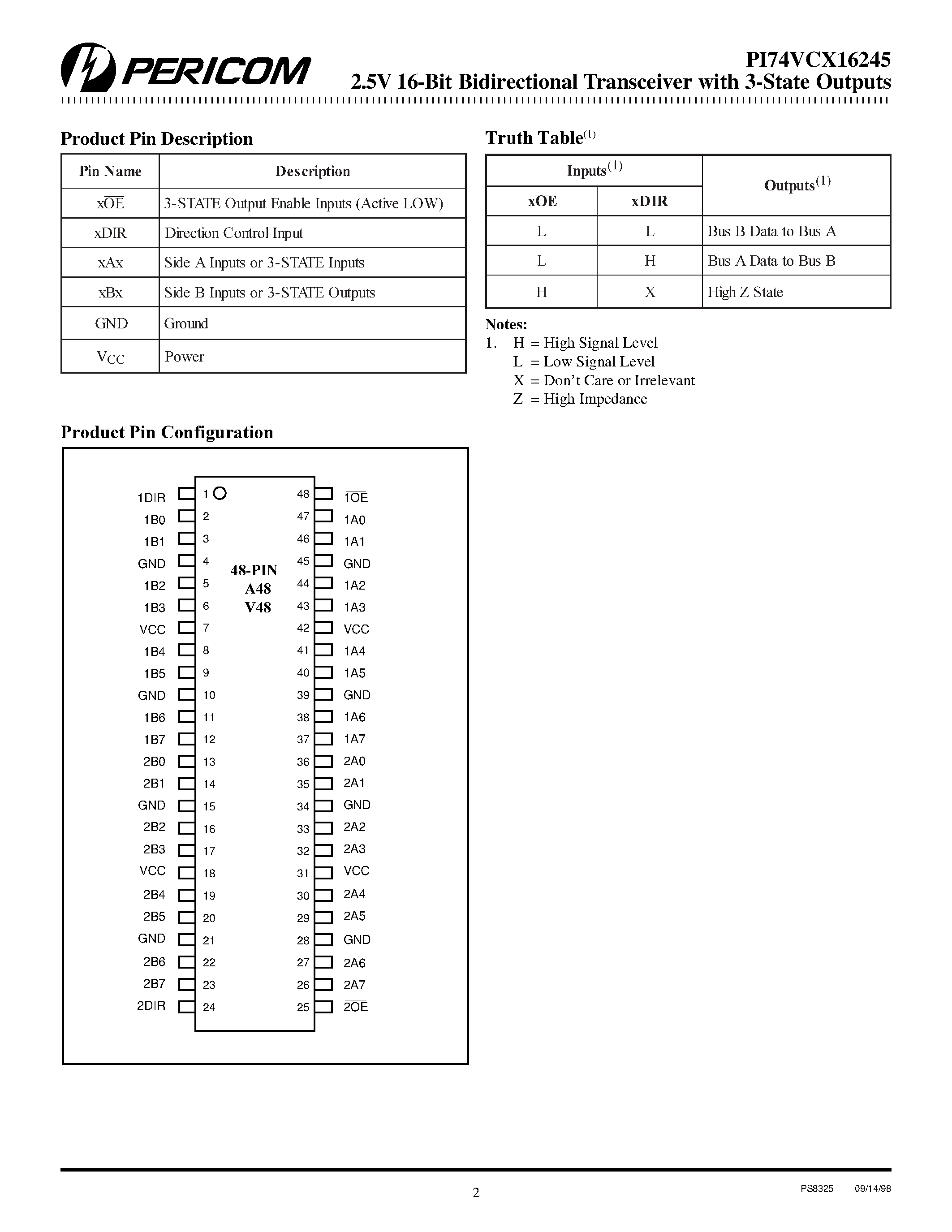 Даташит PI74VCX16245 - 2.5V 16-Bit Bidirectional Transceiver страница 2