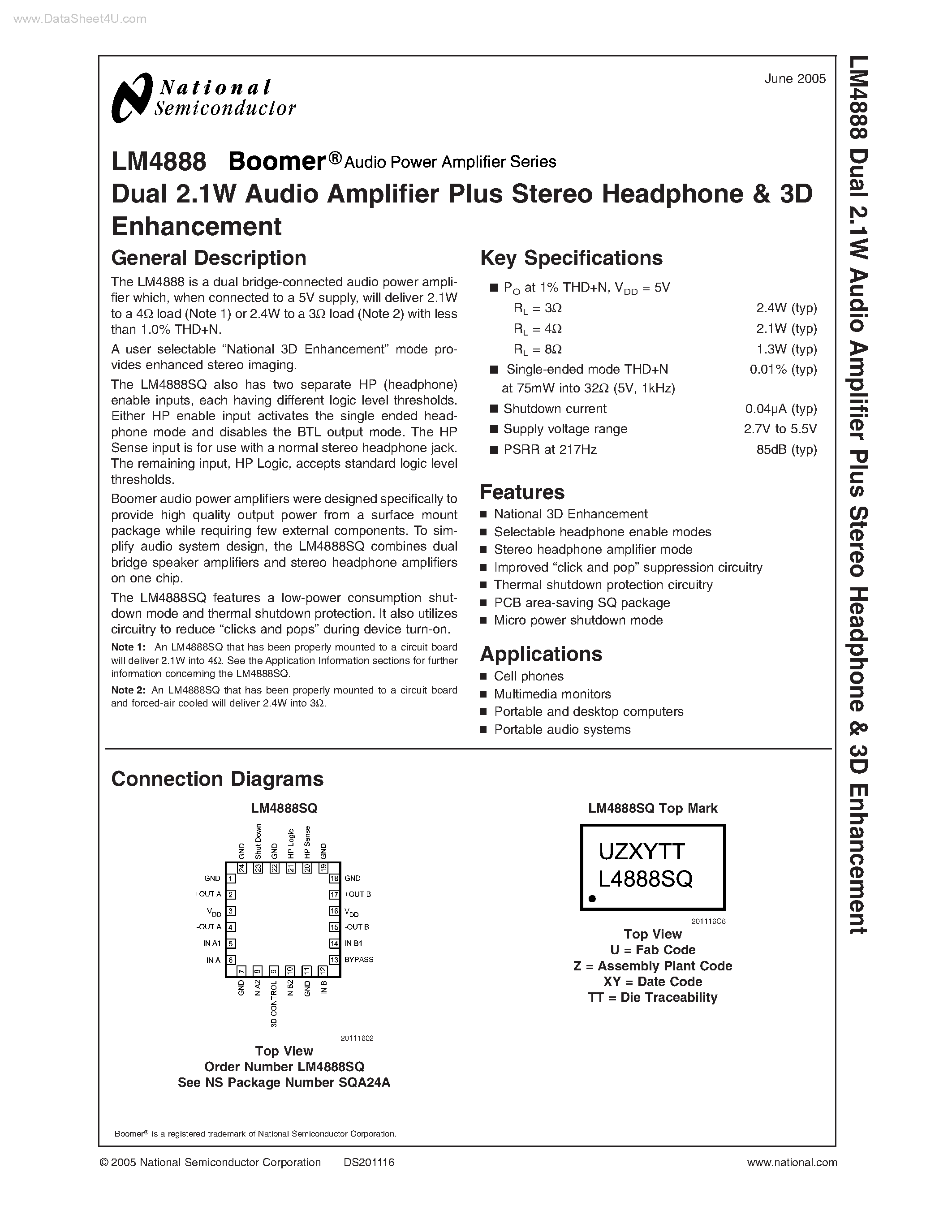 Даташит LM4888 - Dual 2.1W Audio Amplifier Plus Stereo Headphone страница 1