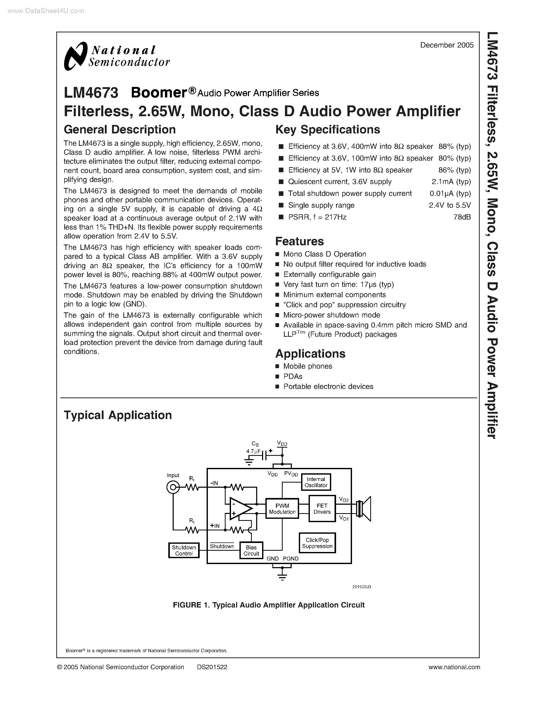 Даташит LM4673 - Class D Audio Power Amplifier страница 1