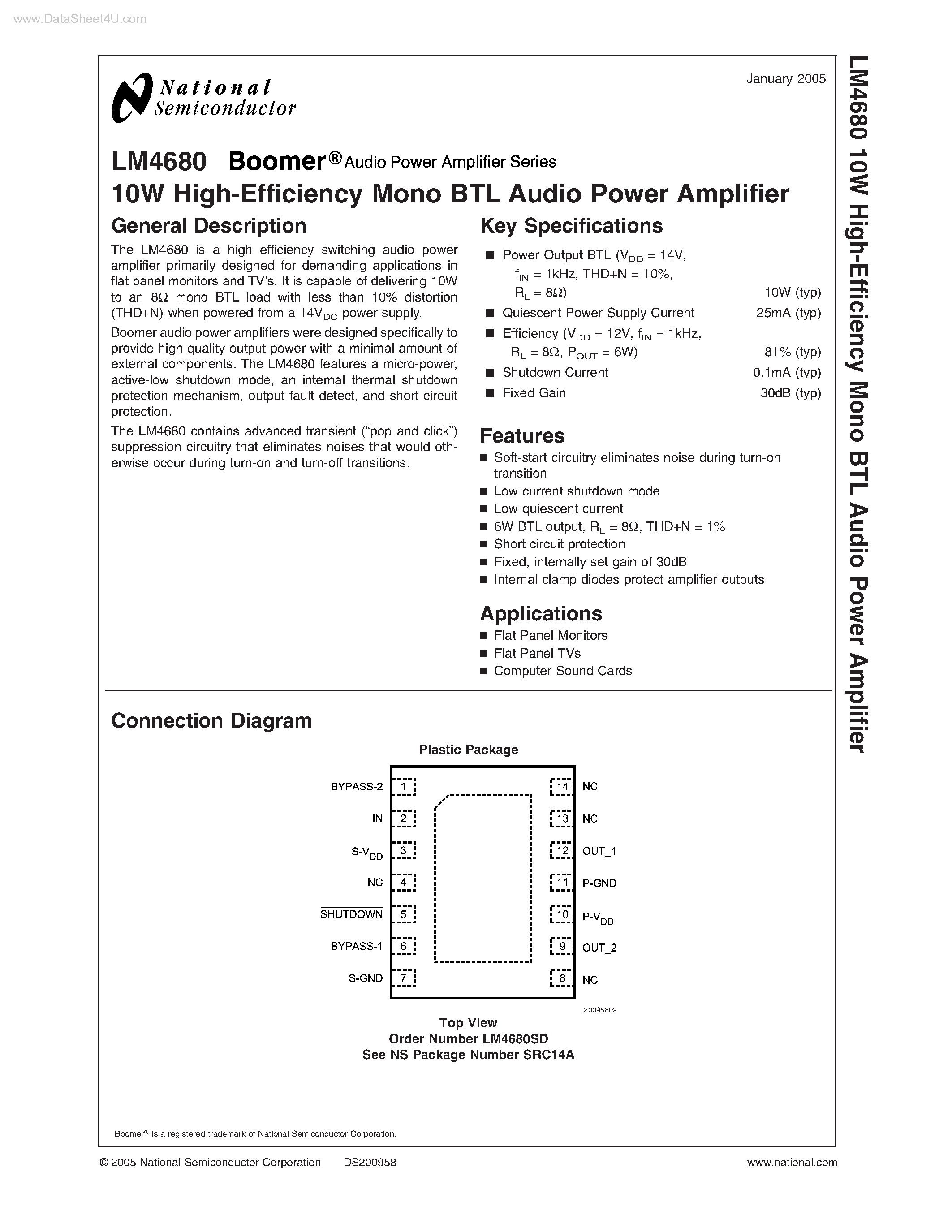 Даташит LM4680 - High-Efficiency Mono BTL Audio Power Amplifier страница 1