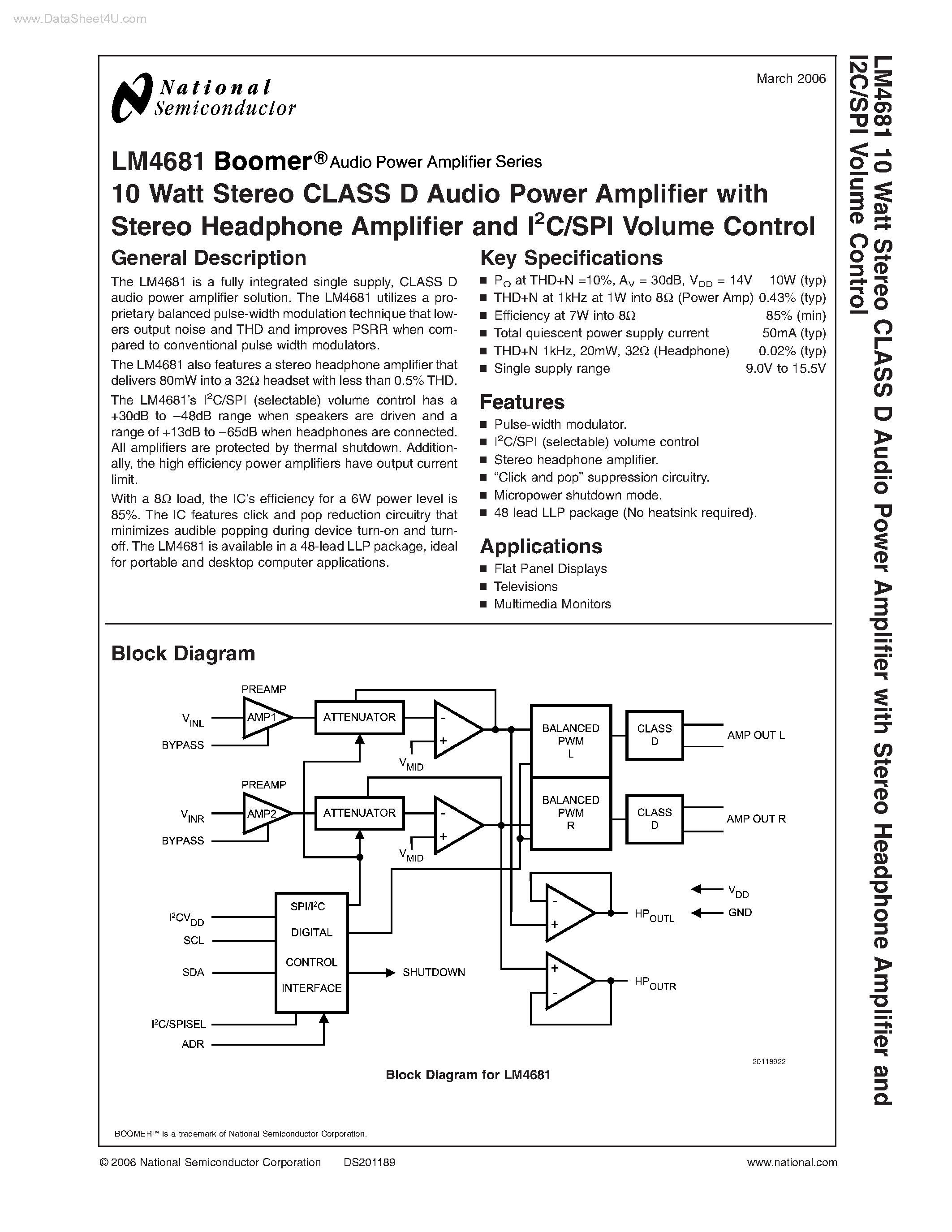 Даташит LM4681 - Stereo CLASS D Audio Power Amplifier страница 1