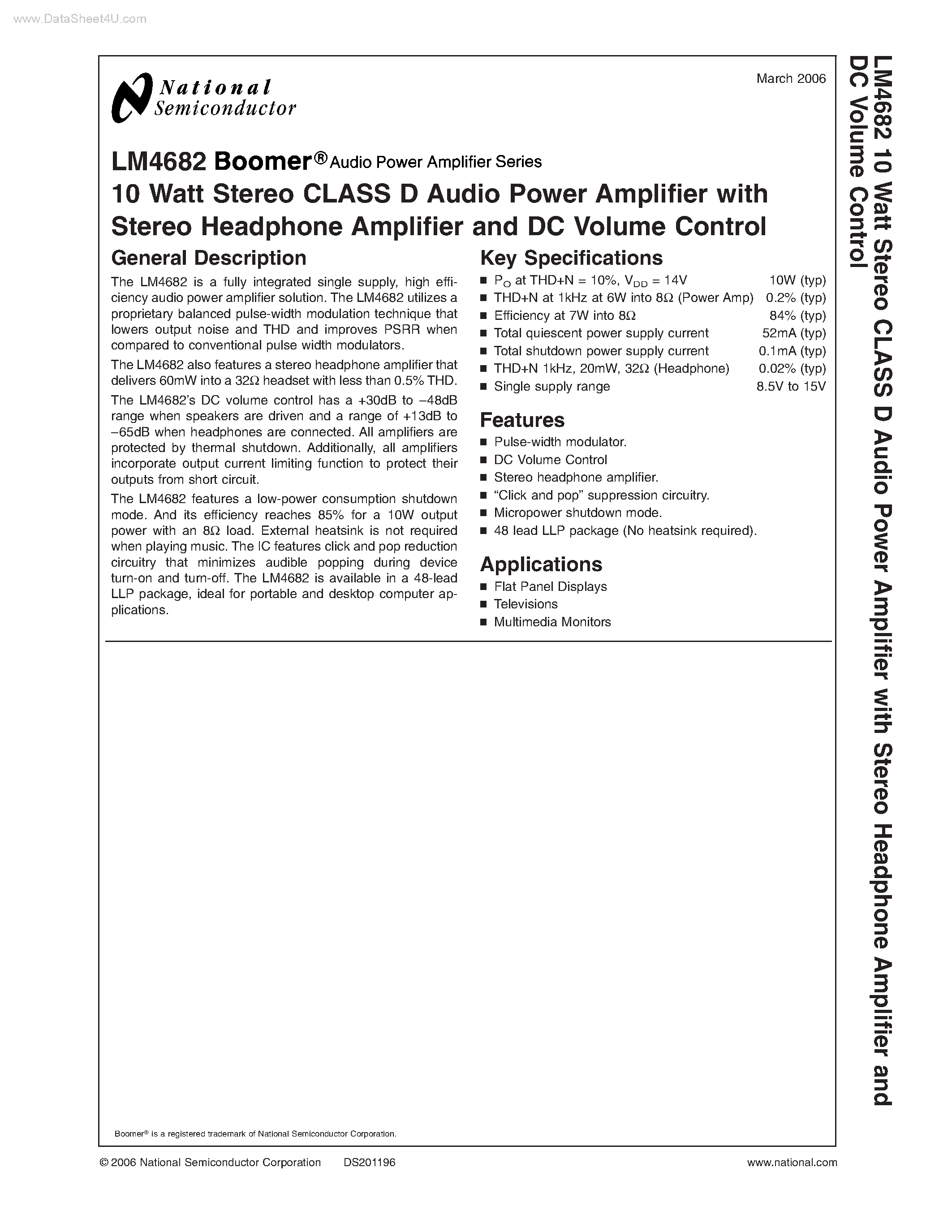 Даташит LM4682 - Stereo CLASS D Audio Power Amplifier страница 1