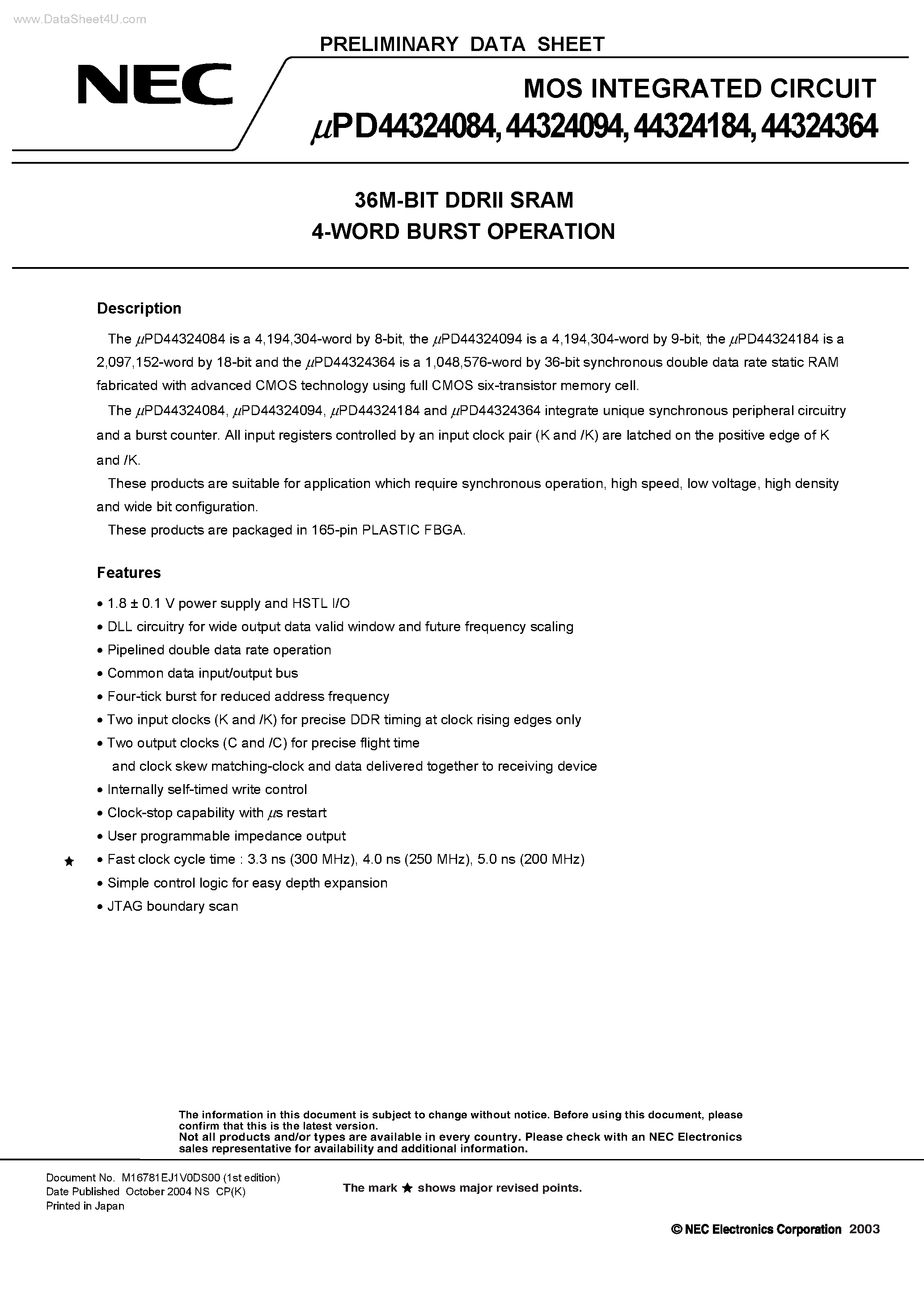 Datasheet UPD44324084 - (UPD44324xx4) 36M-BIT DDRII SRAM 4-WORD BURST OPERAT page 1