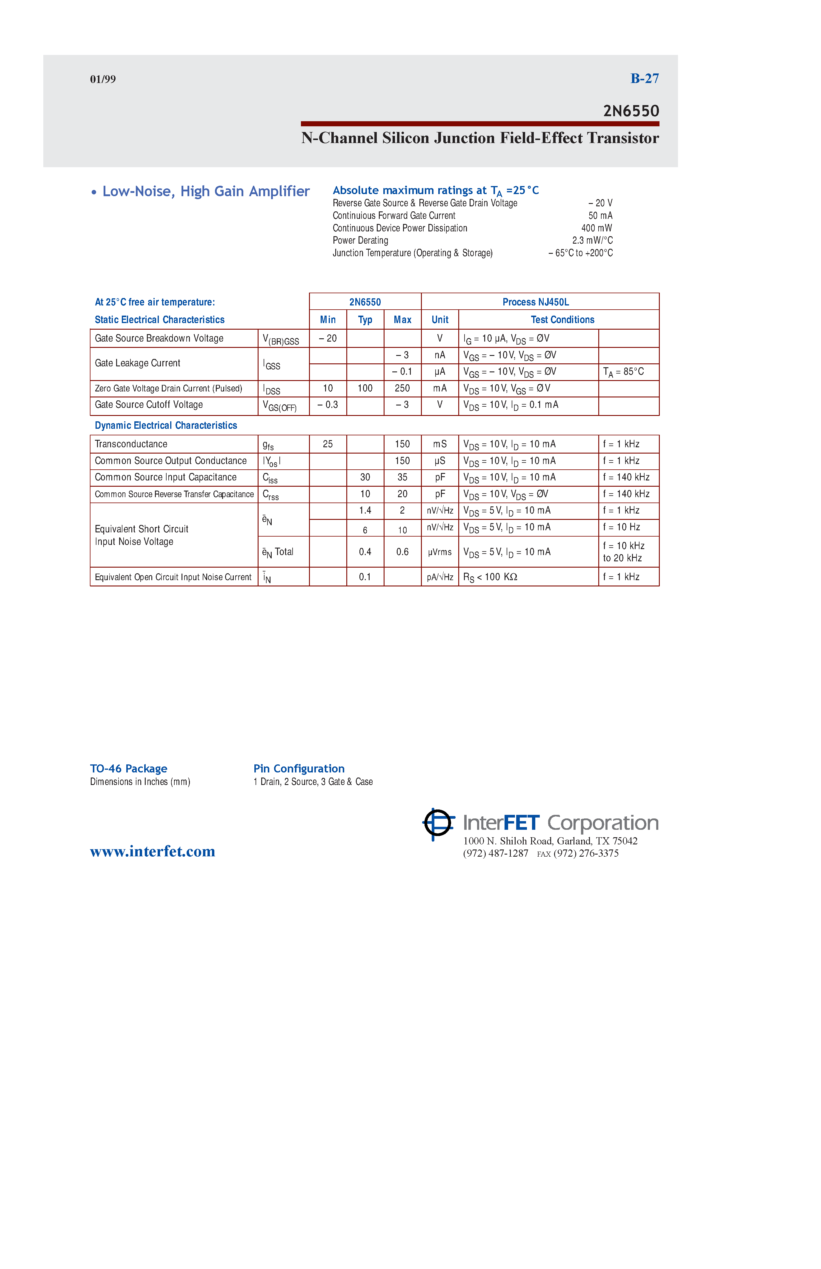 Даташит 2N6550 - N-Channel Silicon Junction Field-Effect Transistor страница 1