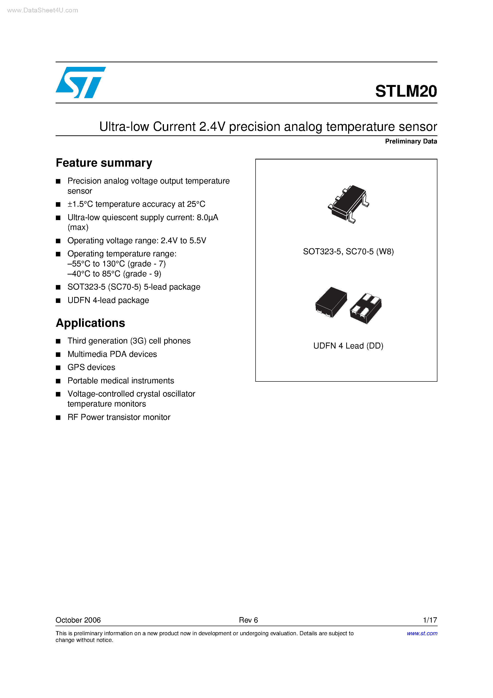 Даташит STLM20 - Ultra-low Current 2.4V precision analog temperature sensor страница 1