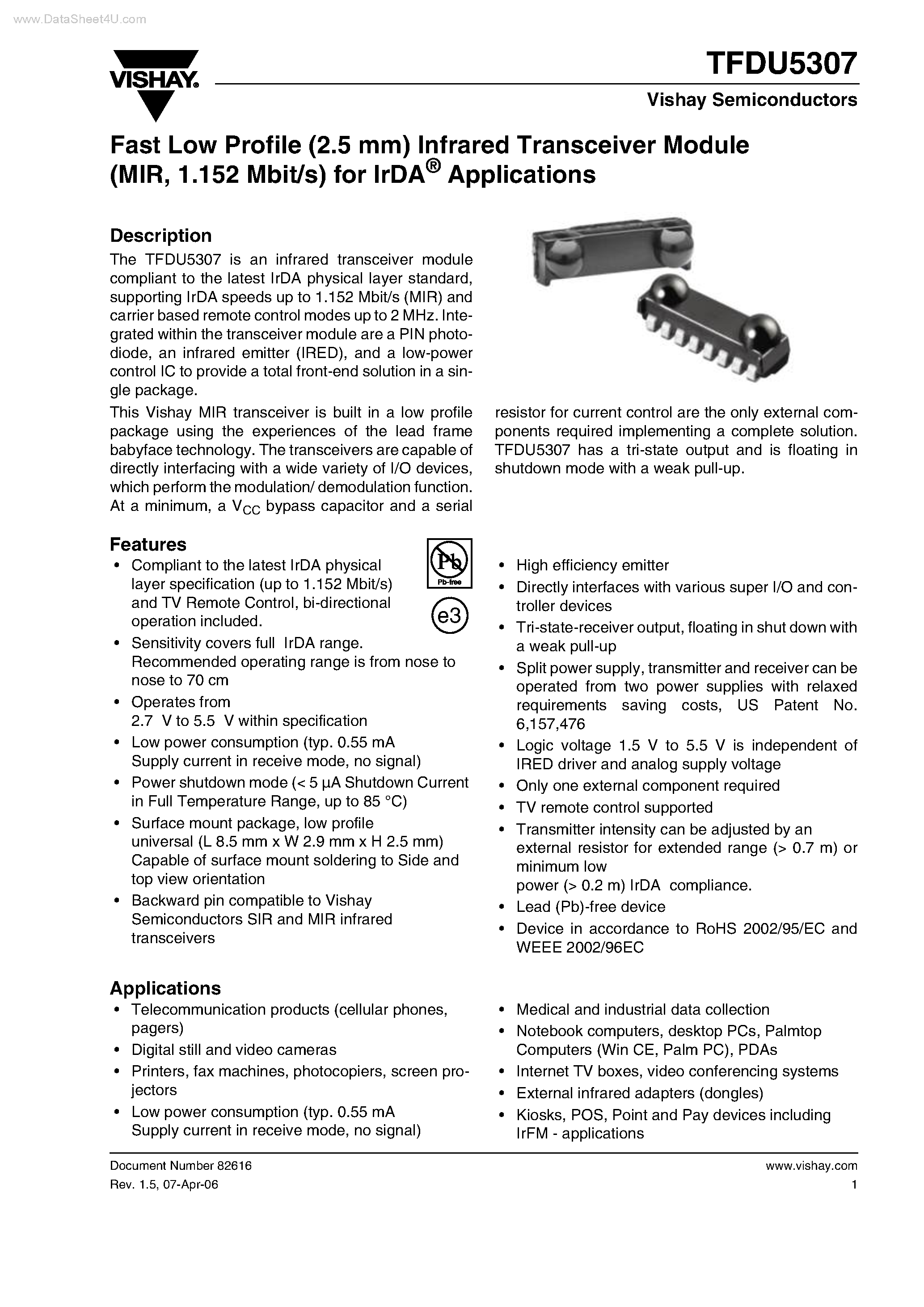 Даташит TFDU5307 - Fast Low Profile (2.5 mm) Infrared Transceiver Module страница 1