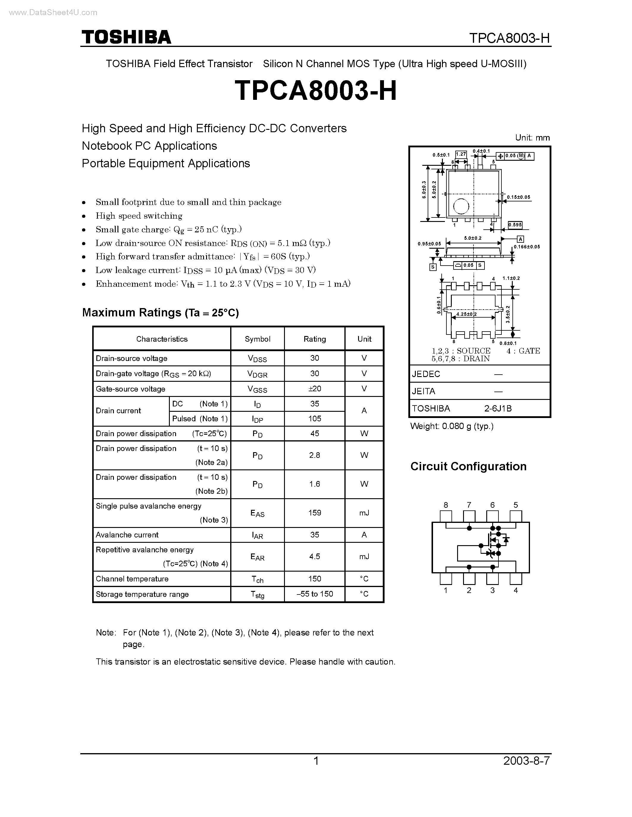 Даташит TPCA8003-H - Field Effect Transistor Silicon N Channel MOS Type страница 1