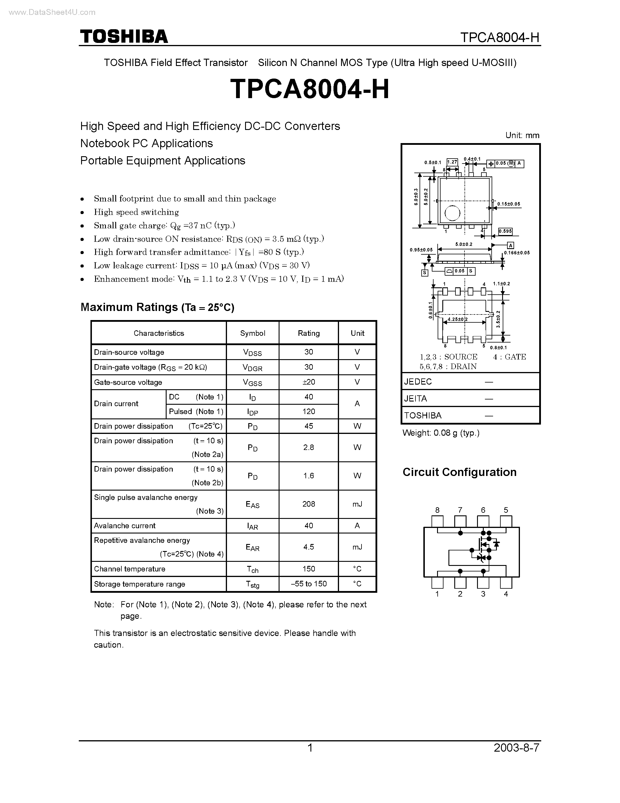 Даташит TPCA8004-H - TOSHIBA Field Effect Transistor Silicon N Channel MOS Type страница 1